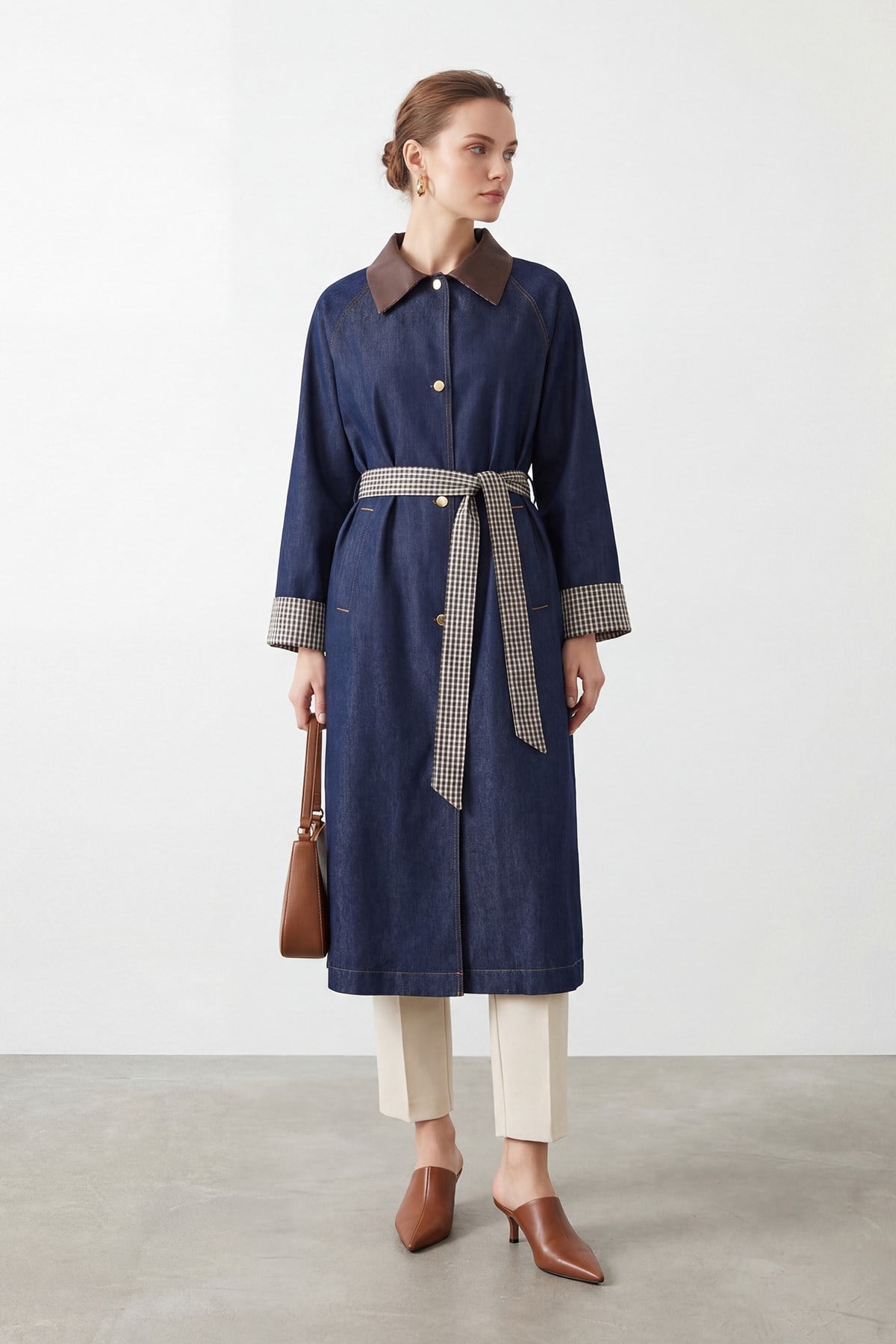 Kadın Ekose Detaylı Kuşaklı Denim Trenchcoat-32479TRC Lacivert Trençkot Soul 