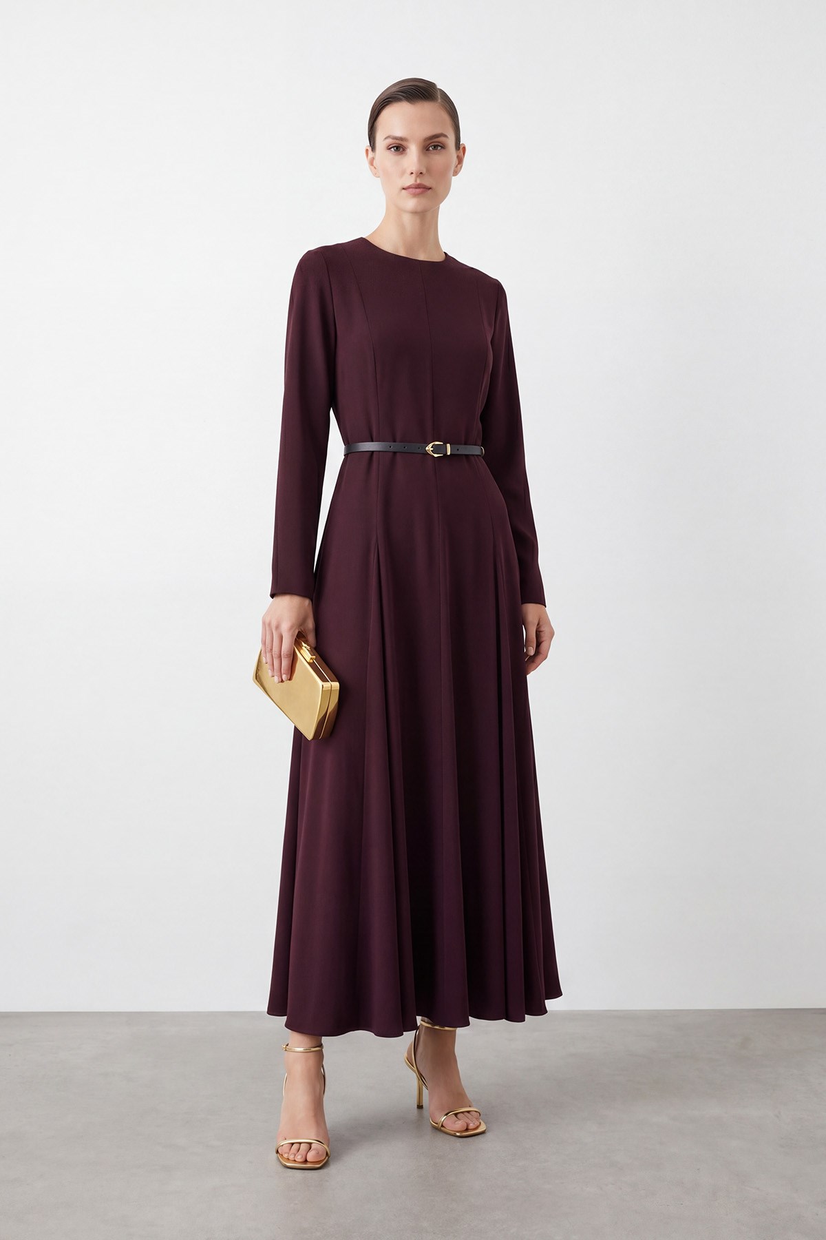 Kadın  Kemerli Maxi Elbise - 26S-12695ELB - Bordo Günlük Elbise Puane 
