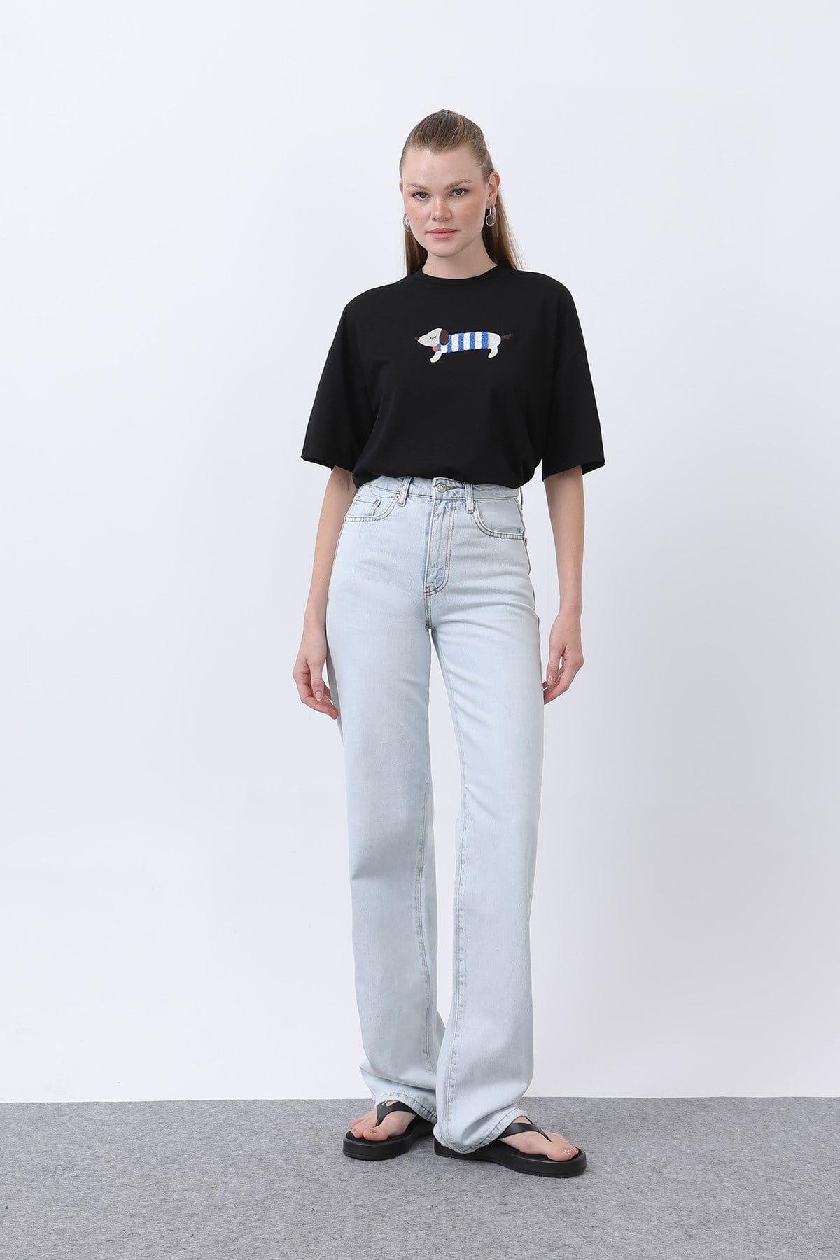 Kadın Köpek Nakışlı Basic Tshirt -32255TSH - Siyah Tshirt Soul 