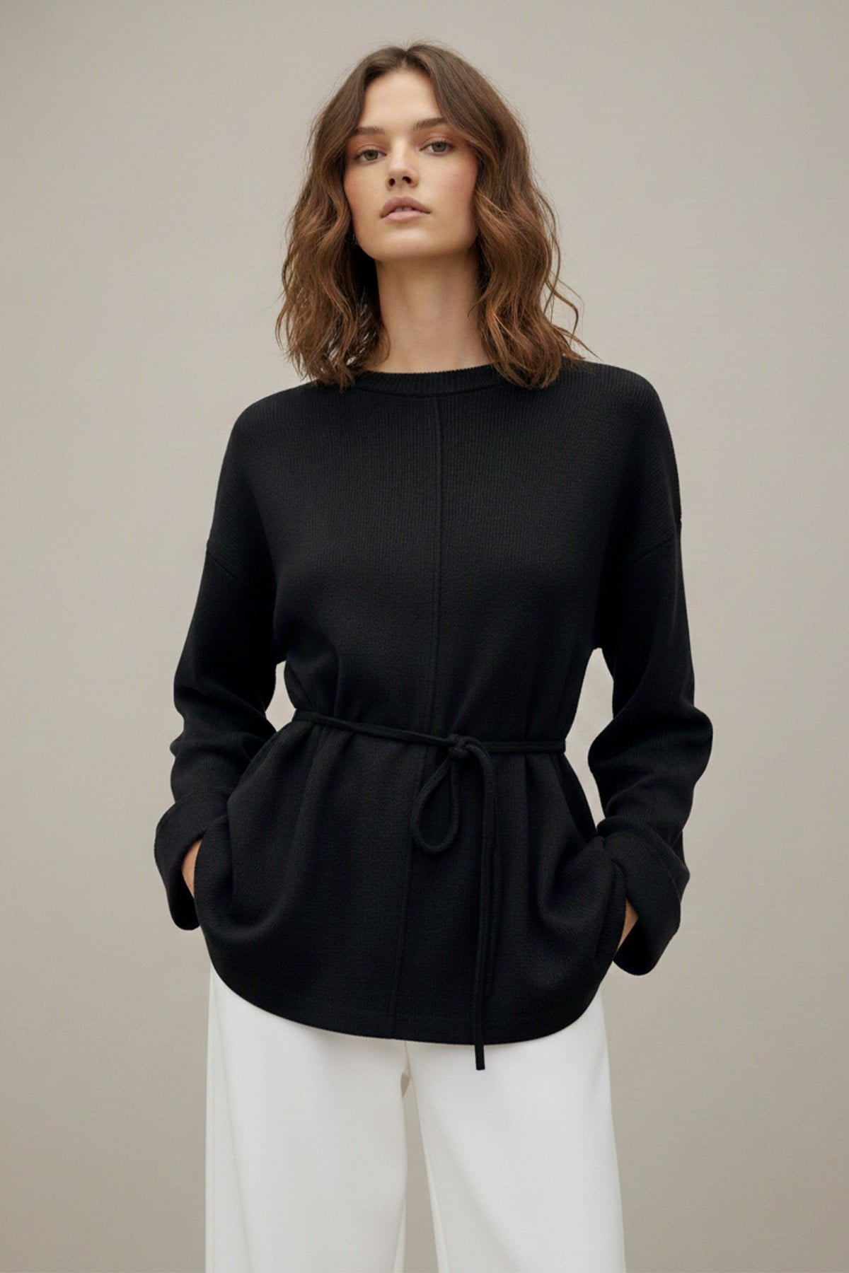 Kadın Kuşaklı Minimal Örme Tunik – 20725TBLZ - Siyah