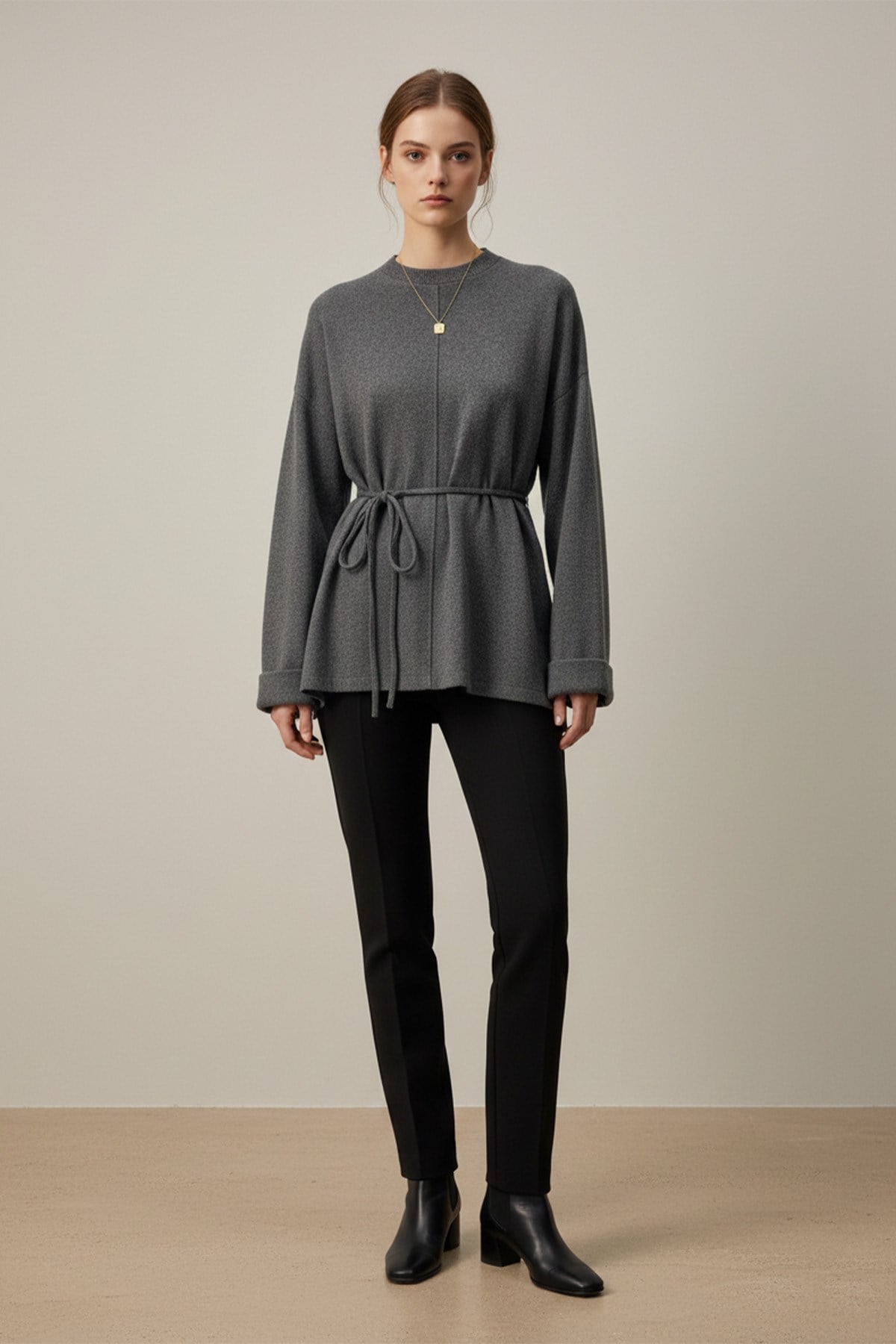 Kadın Kuşaklı Minimal Örme Tunik – 20725TBLZ - Antrasit