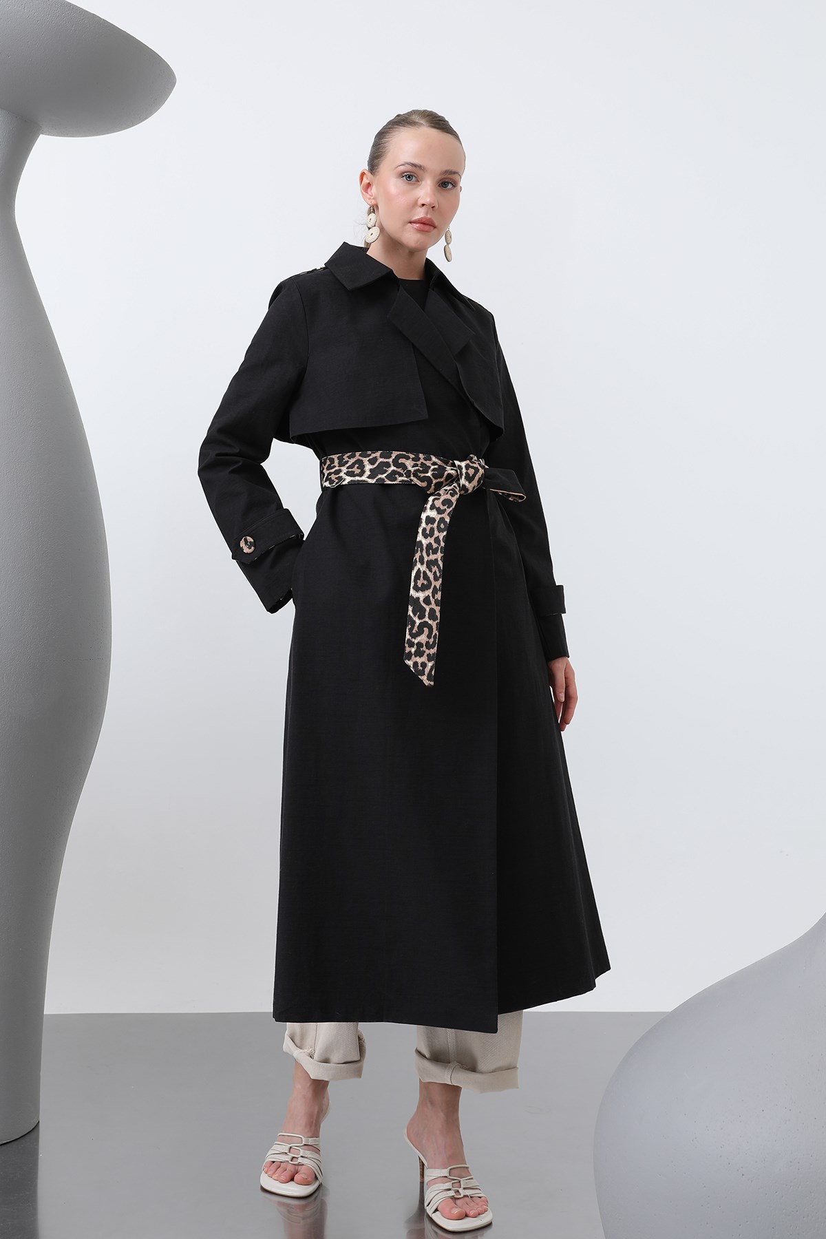 Kadın Leopar Garnili Trench - 32113TRC Siyah Trençkot Soul 