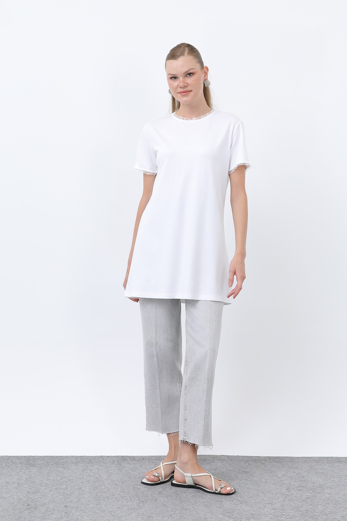 Kadın Minimalist Ribana Detaylı Basic T-Shirt-40013TSH - Ekru Tshirt Puane 