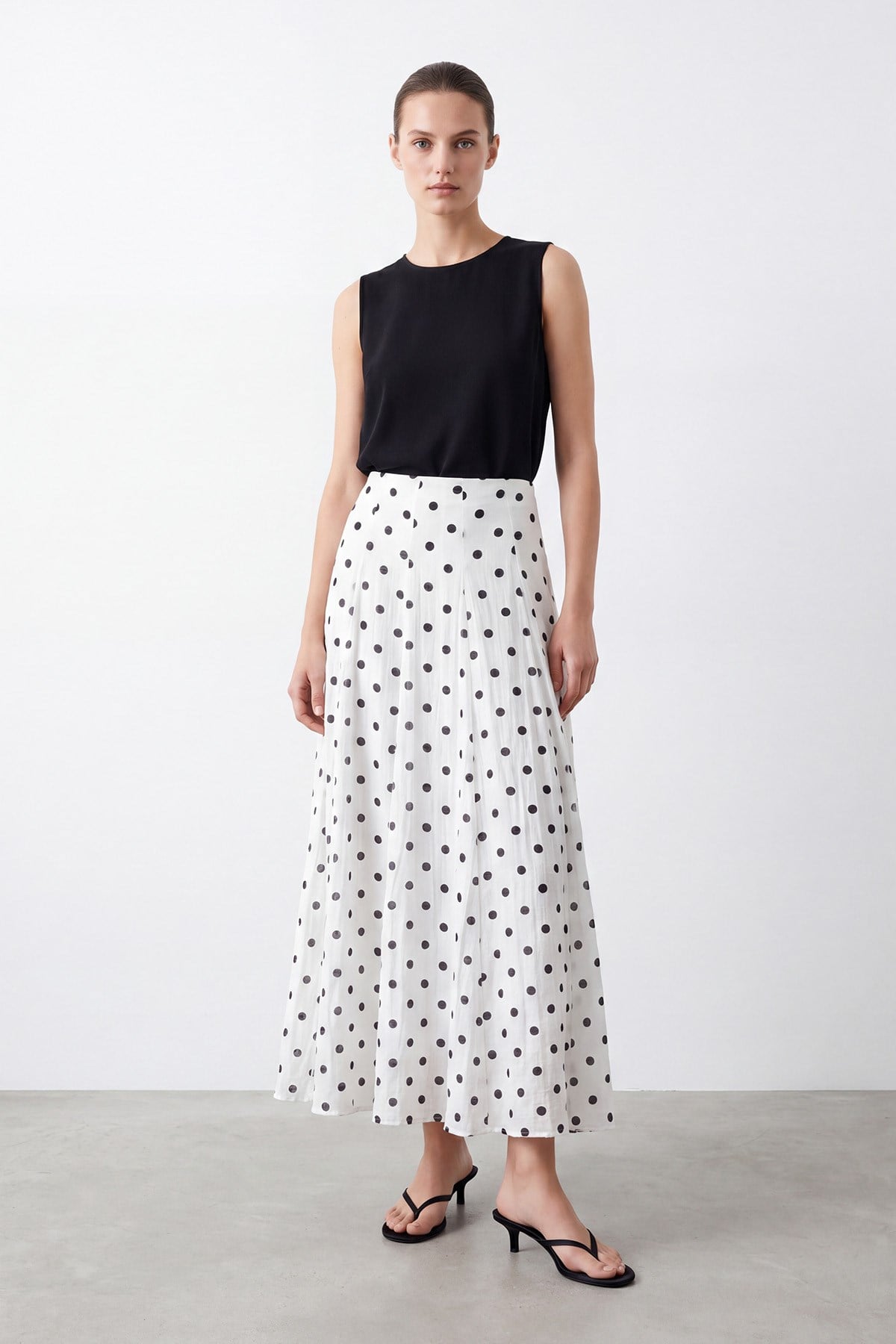 Kadın Puantiyeli  Uzun Etek - 32500ETK - Ekru-Siyah Etek Soul 