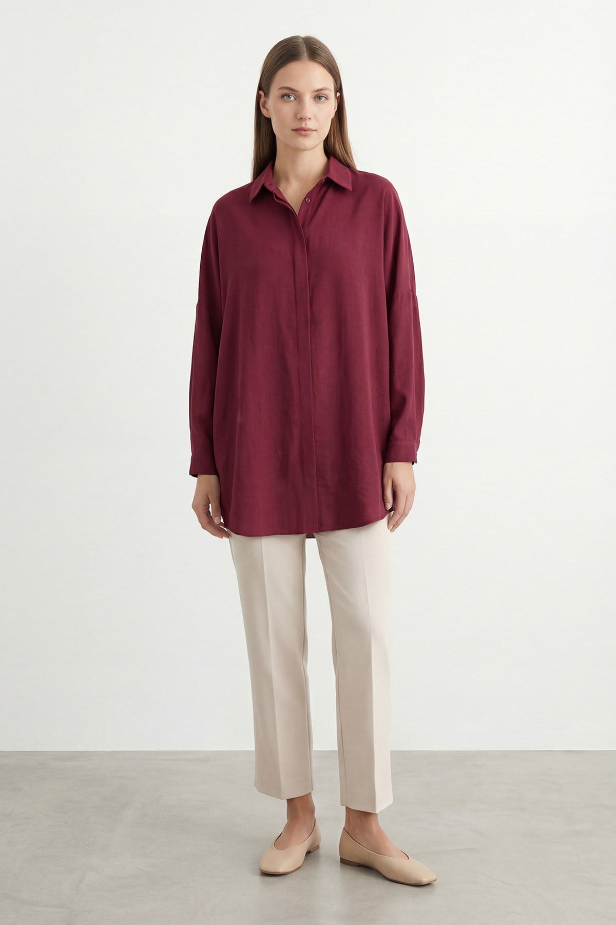 Kadın Rahat Kesim Uzun Gömlek – 10778GML - Bordo Gömlek Puane 