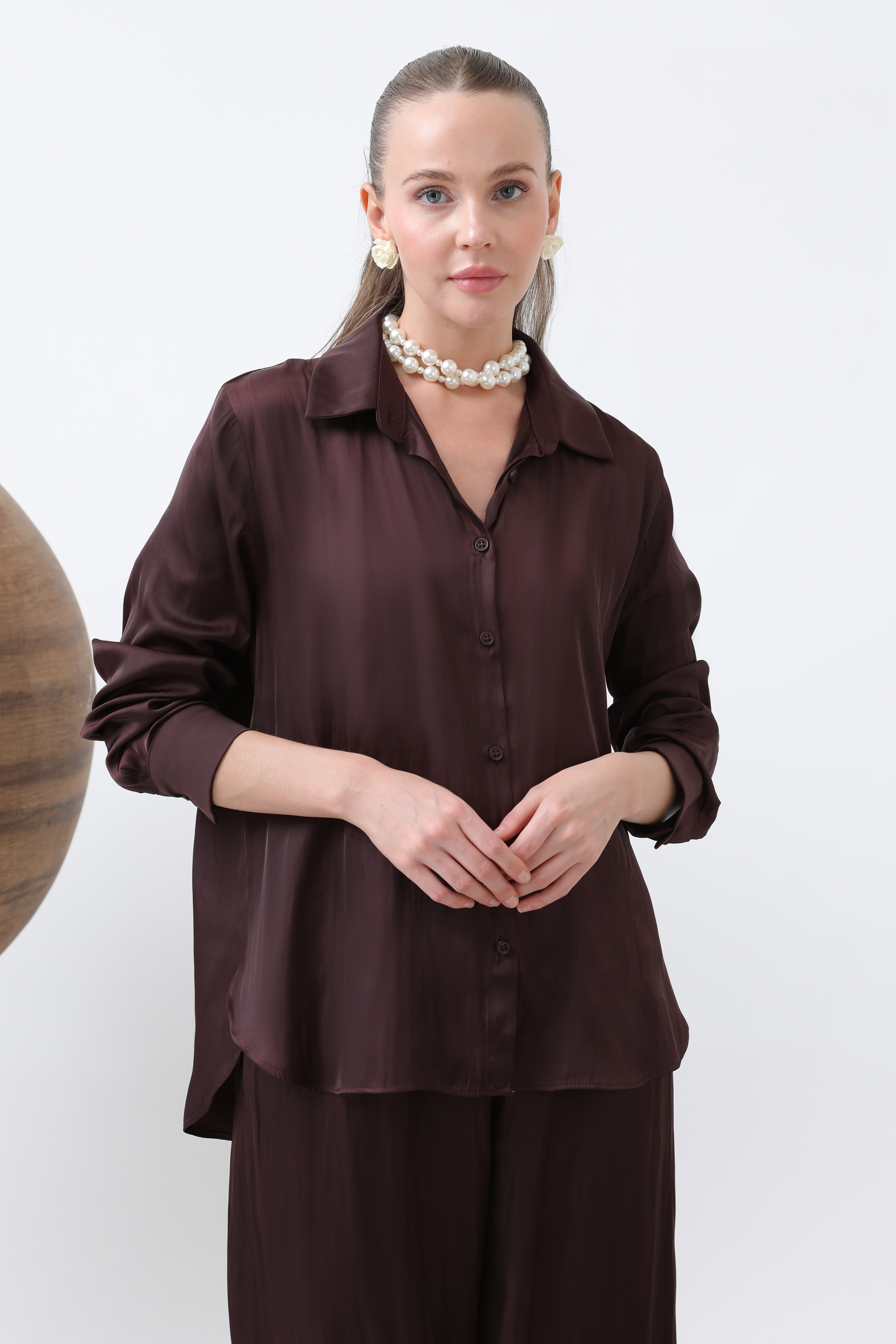 Kadın Saten Gömlek - 32258GML - Bordo Gömlek Soul 
