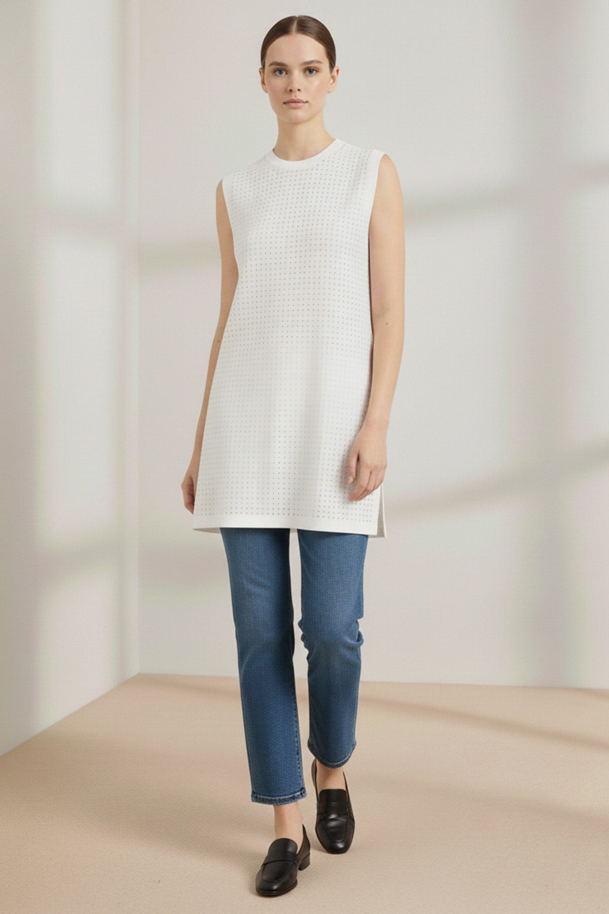 Kadın Sıfır Kol Taşlı Tunik -24S-10525TUN Ekru Tunik Puane 