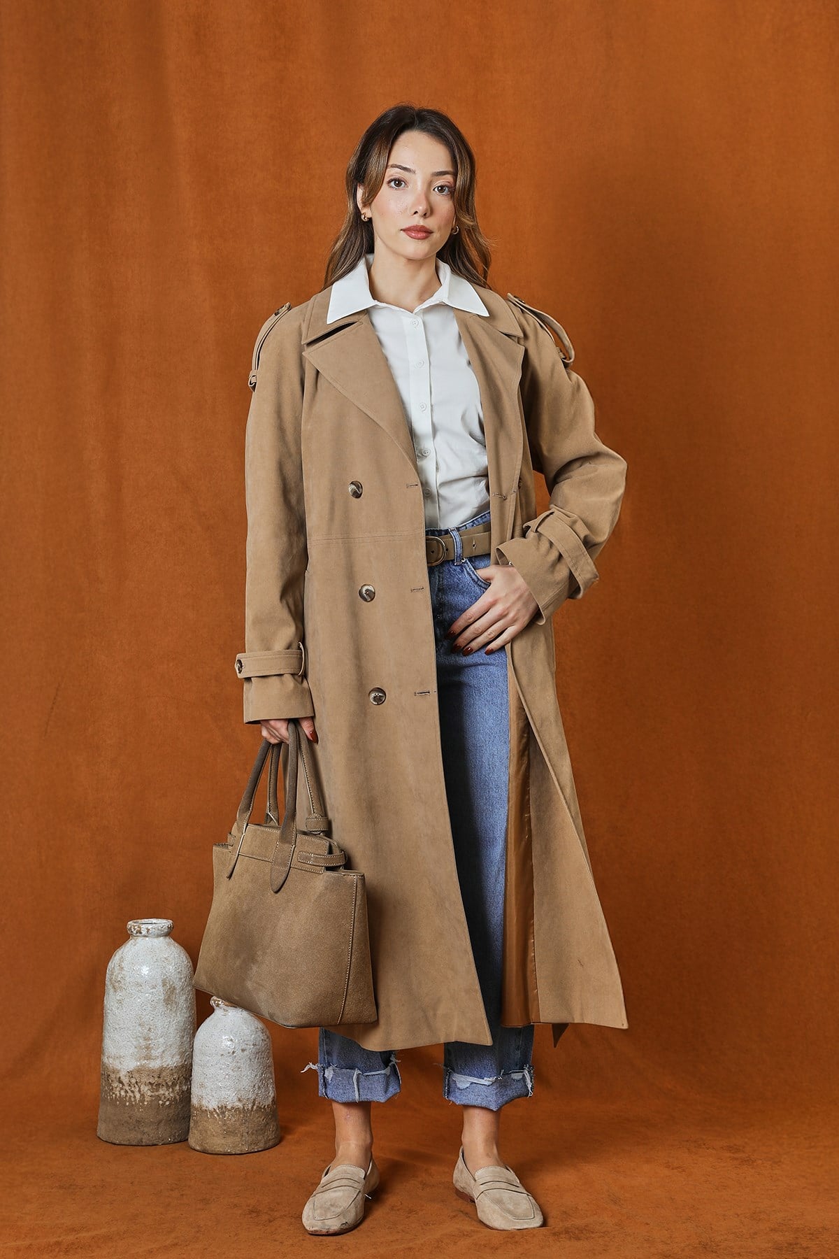 Kadın Süet Trench  -  32407TRC - Vizon Trençkot Soul 