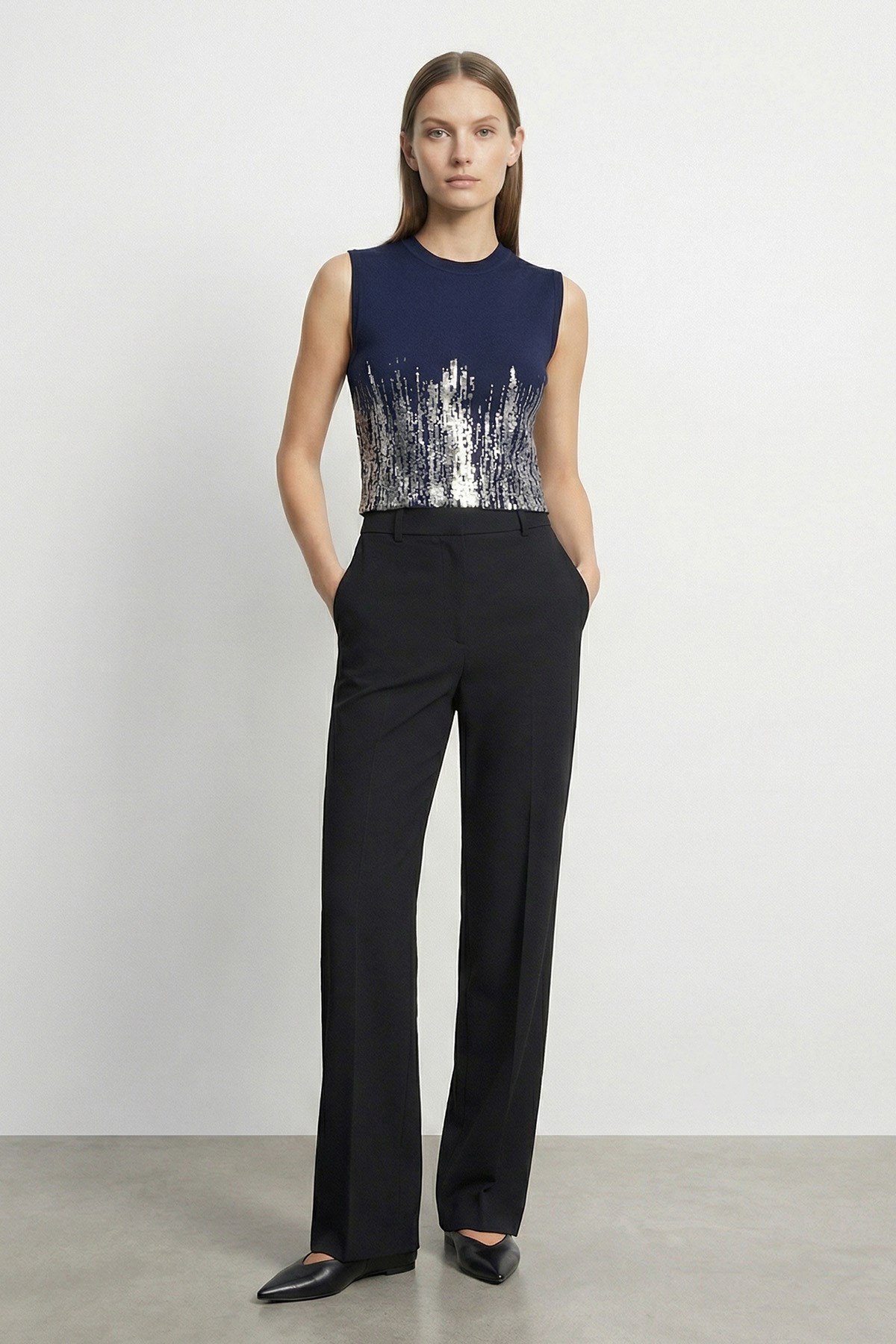Kadın Varak Baskılı Kolsuz Crop Top  - 31721CRP - Lacivert Crop Top Soul 