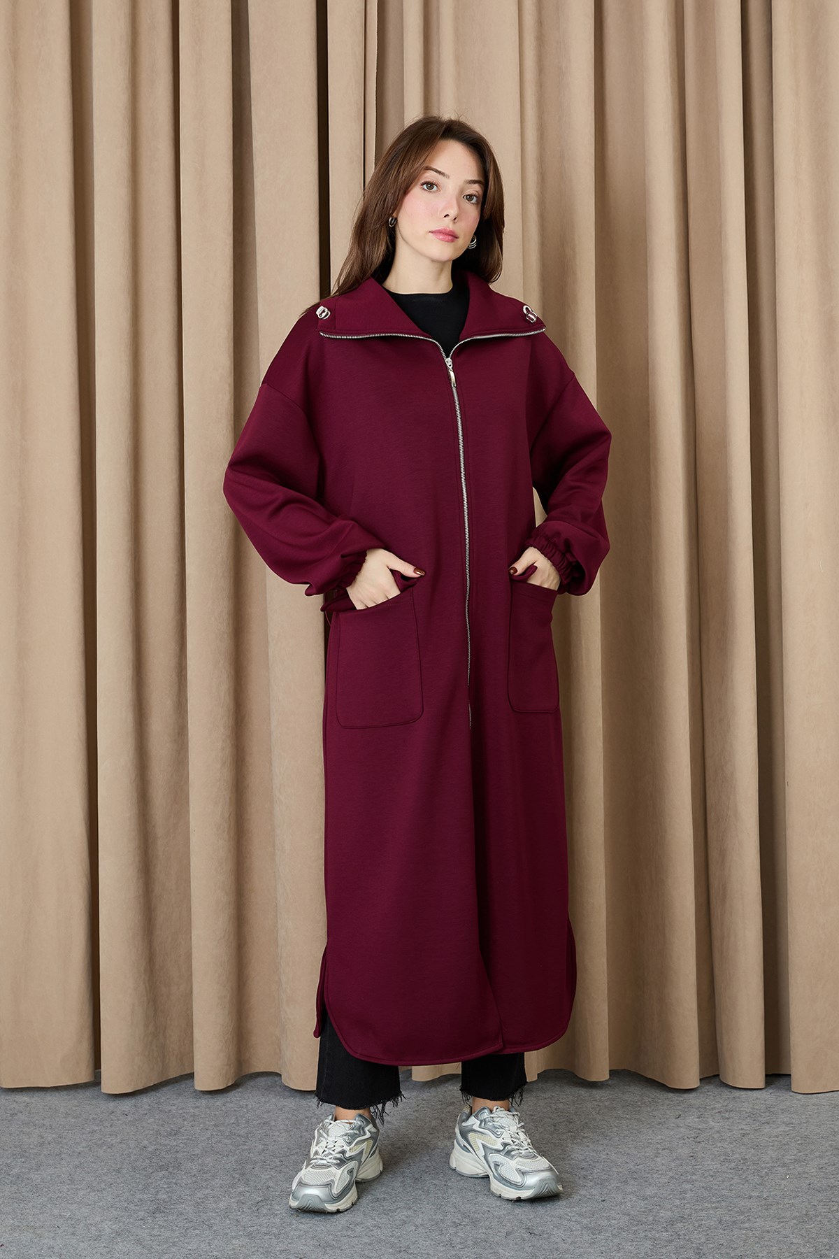 Kadın Yakası Ve Arka Belden Tünelli Basic Kap - 15225MNT - Bordo Mont Puane 