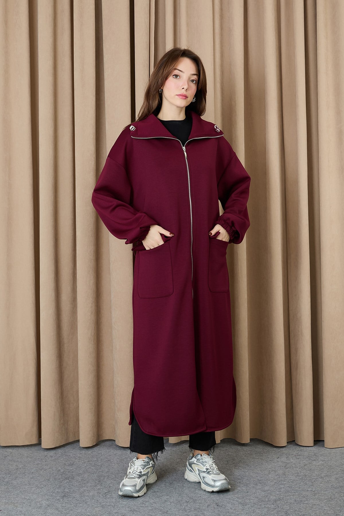 Kadın Yakası Ve Arka Belden Tünelli Basic Kap - 15225MNT Bordo Mont Puane 