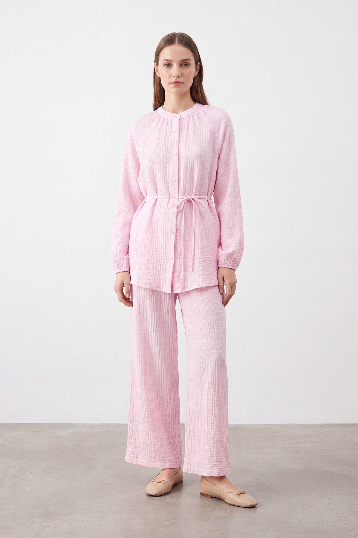 Kuşaklı Tunik ve Geniş Paça Pantolon Takımı - Pembe Eşofman Takım Loreen 