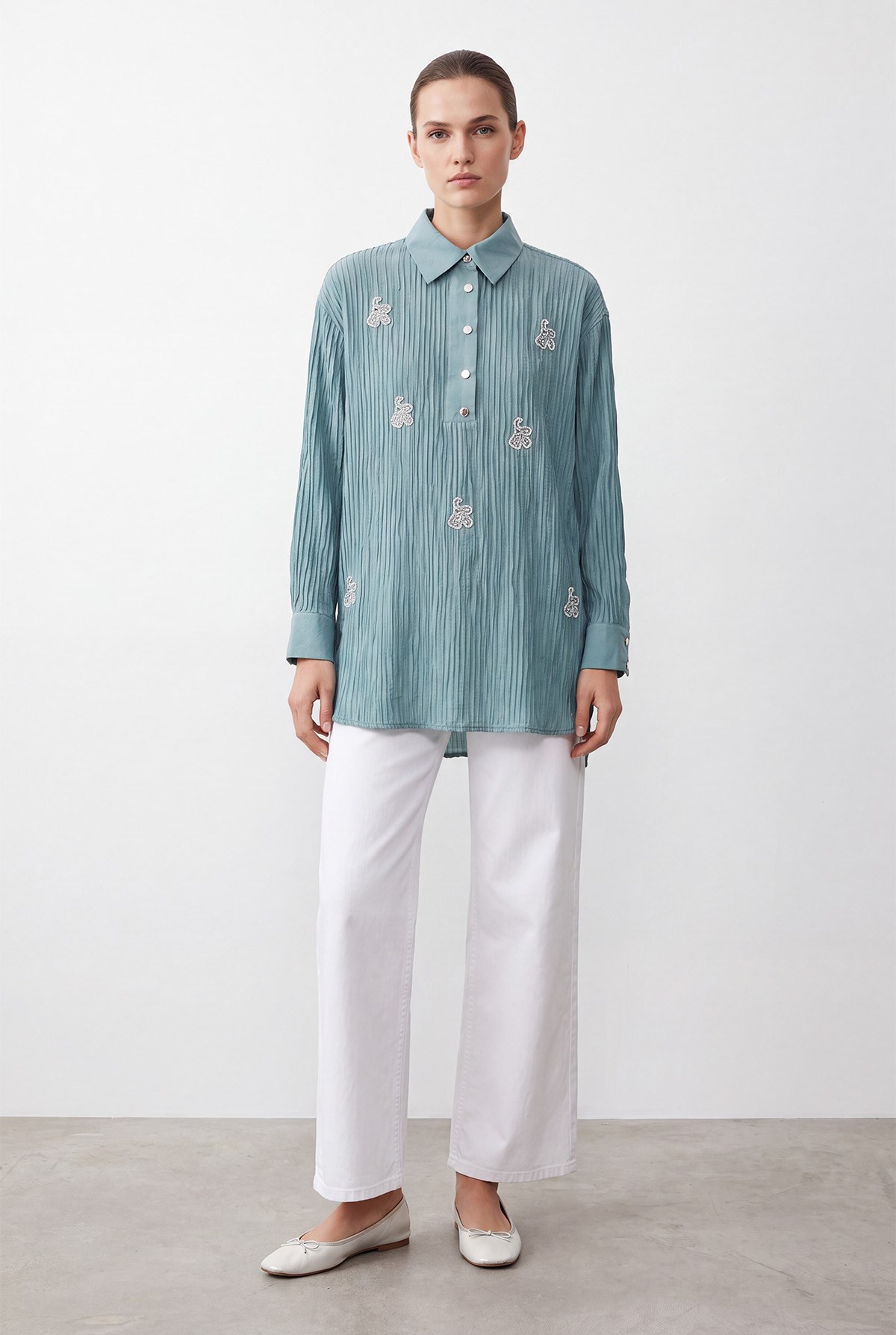 Nakış Detaylı Kırışık Dokulu Tunik -10789TUN - Mint Yeşili Tunik Puane 