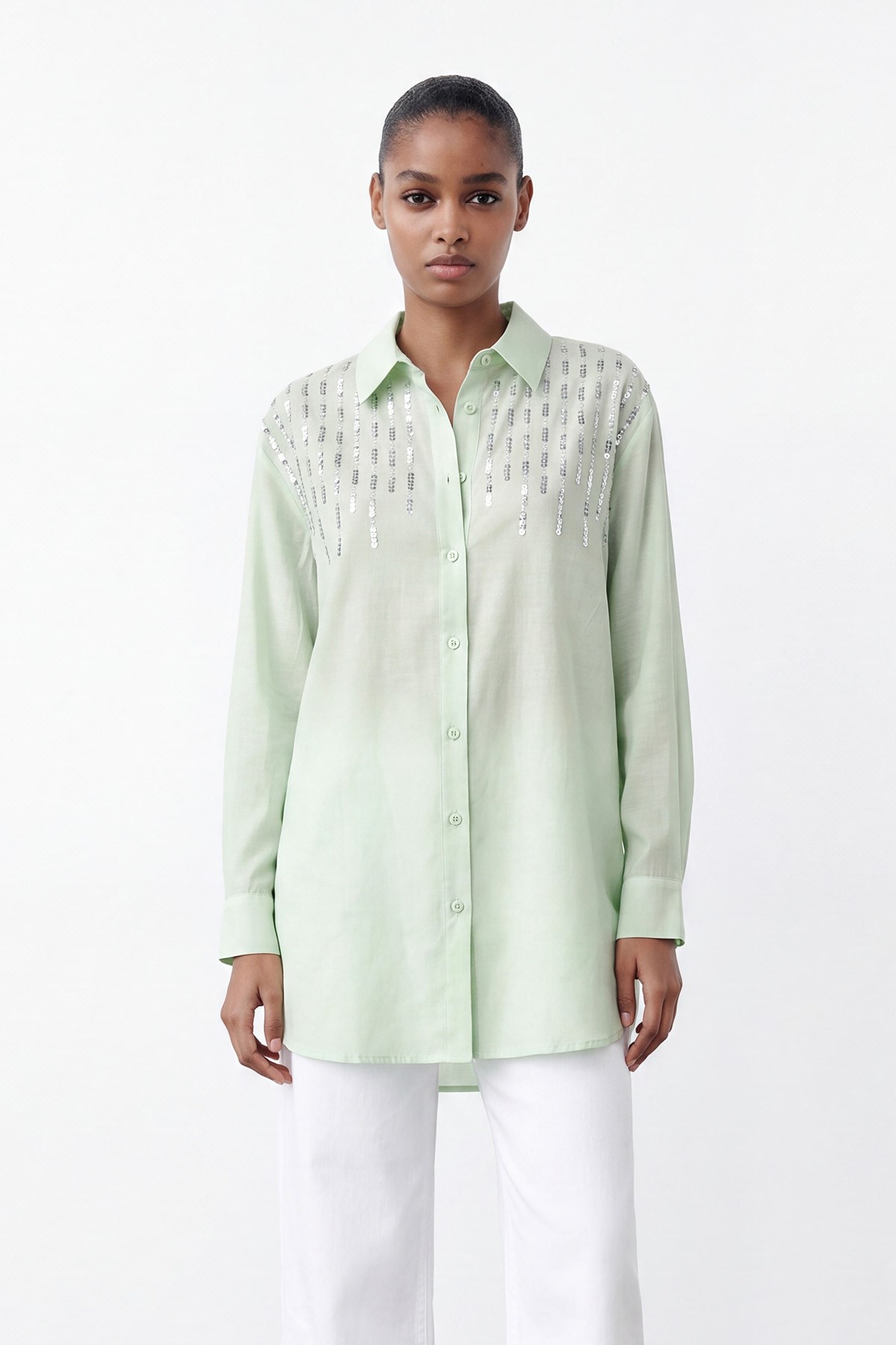 Nakış Detaylı Uzun Kollu TENCEL Gömlek - Mint Yeşili Gömlek Puane 