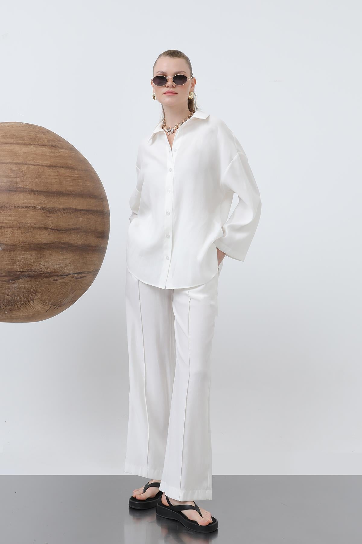 Kadın Beli Lastikli Bol Pantolon - 20630PNT - ECRU