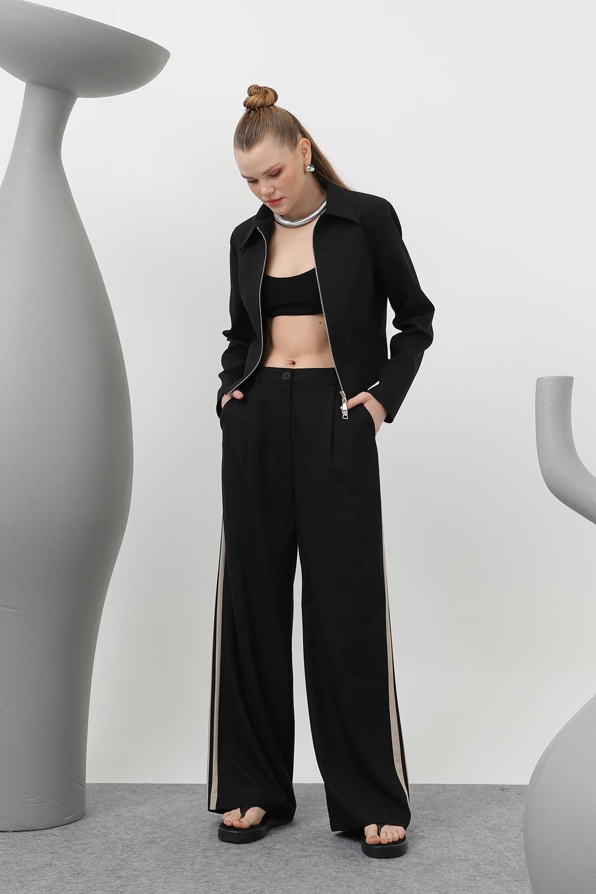 Kadın Garnili Pileli Pantolon - 32176PNT - BLACK-BEIGE