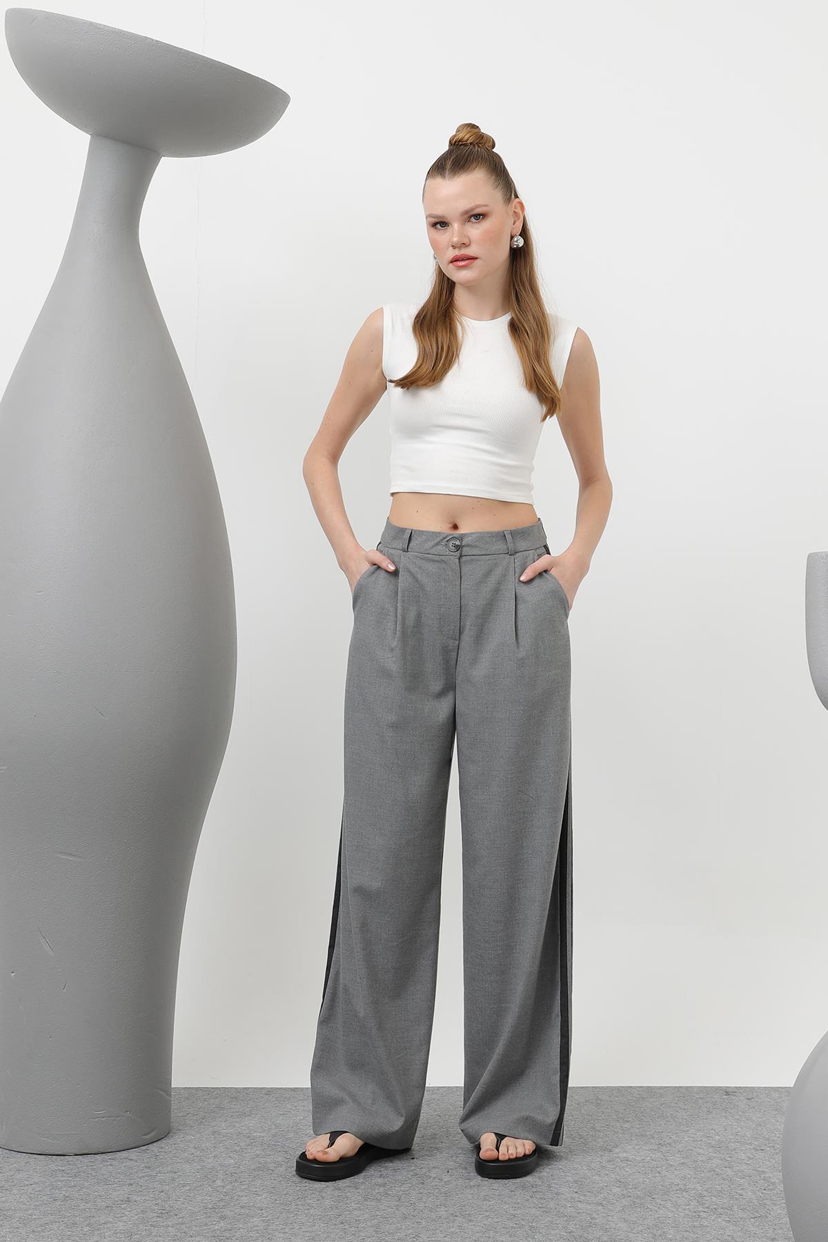 Kadın Garnili Pileli Pantolon - 32176PNT - GREY-ANTHRACITE