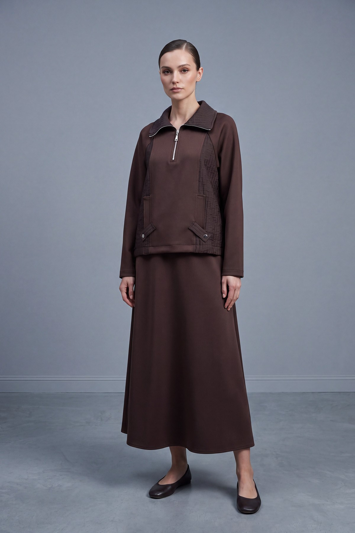 Polo Yaka Fermuarlı Sweatshirt Etek Takım Kahverengi İkili Takımlar Puane 