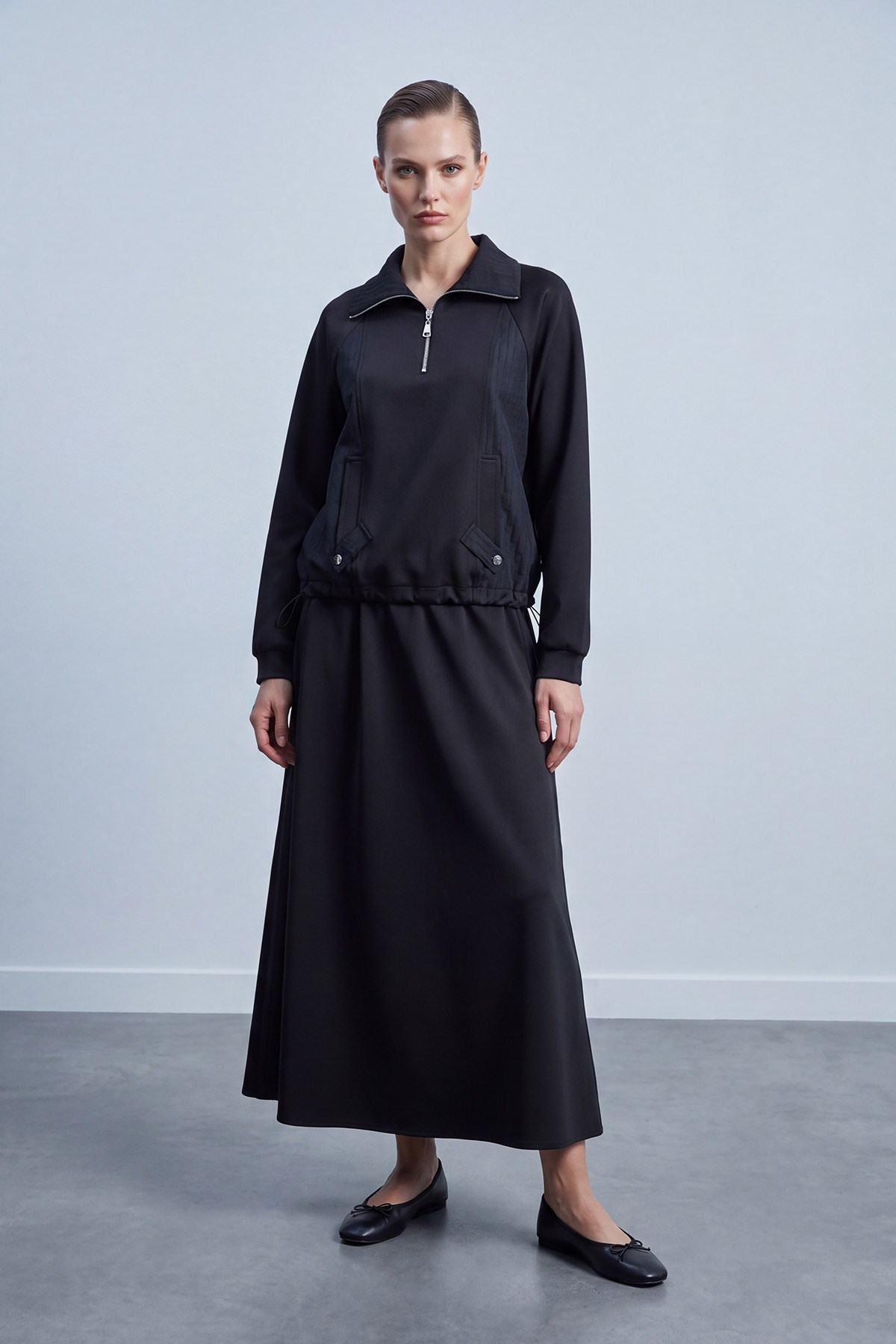 Polo Yaka Fermuarlı Sweatshirt Etek Takım Siyah İkili Takımlar Puane 