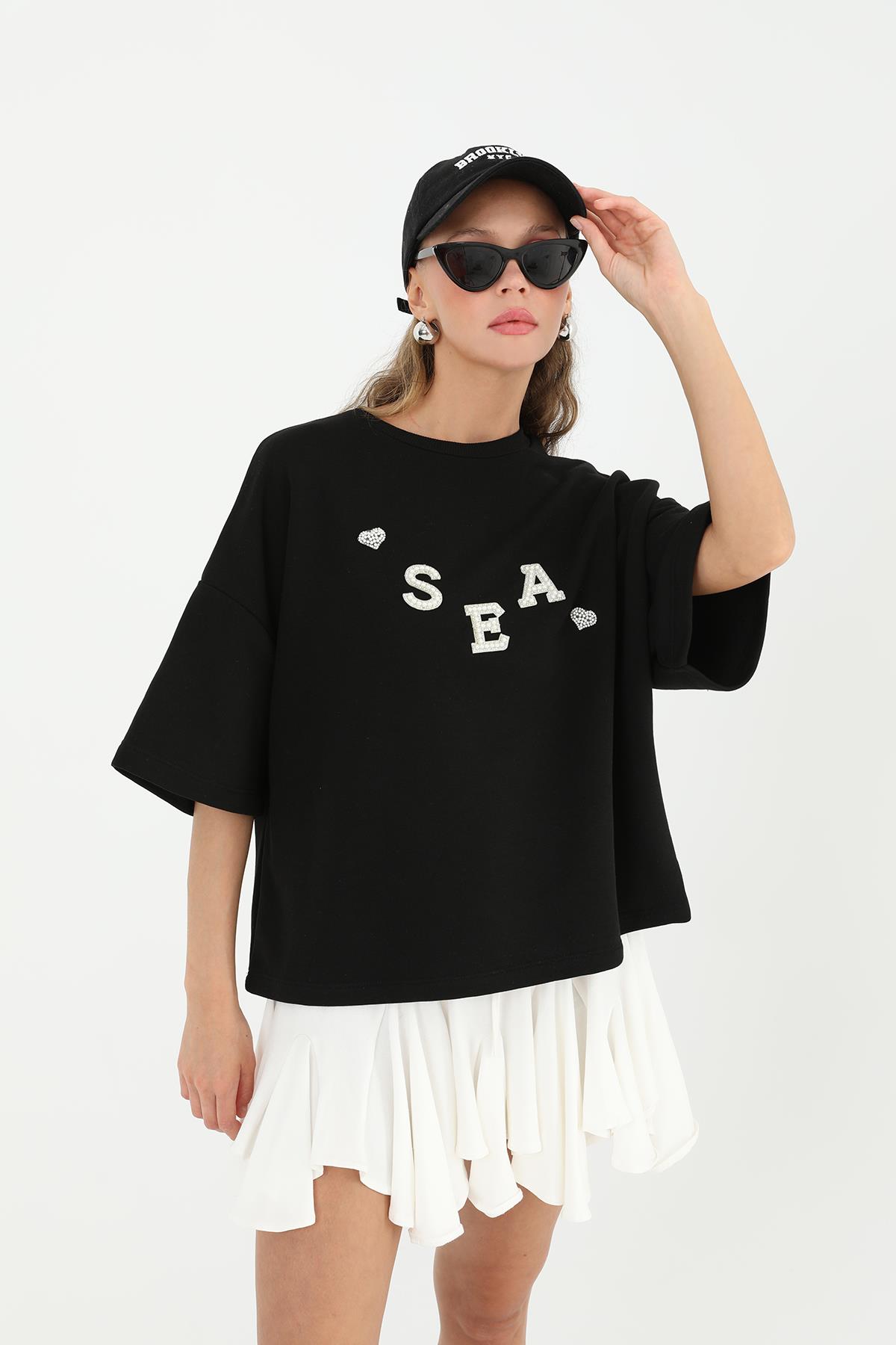 Kadın Nakışlı T-shirt -24S-31691TSH - BLACK