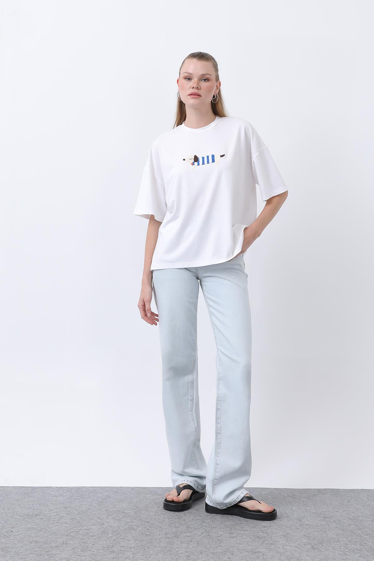 Kadın Köpek Nakışlı Basic Tshirt -32255TSH - ECRU