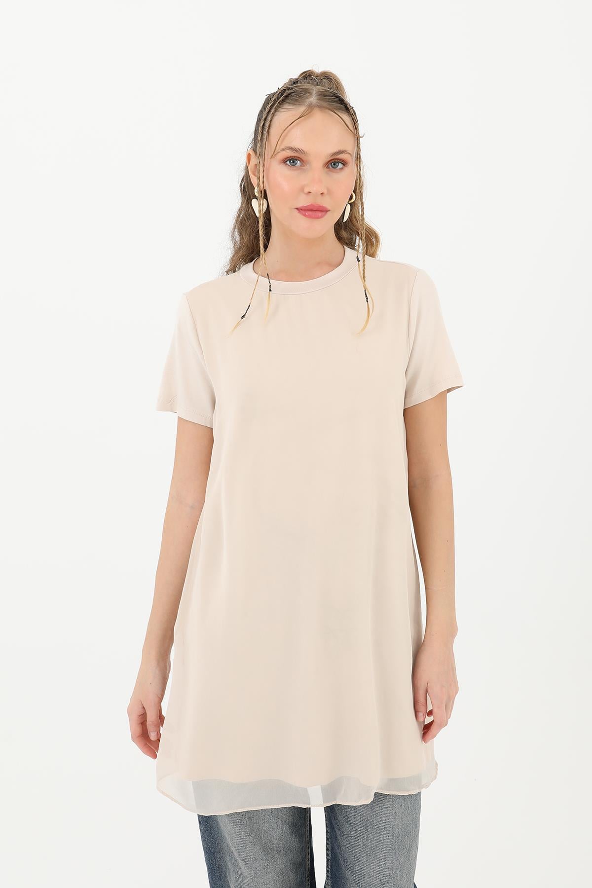 Kadın Basic Uzun T-Shirt -10271TUN - BEIGE