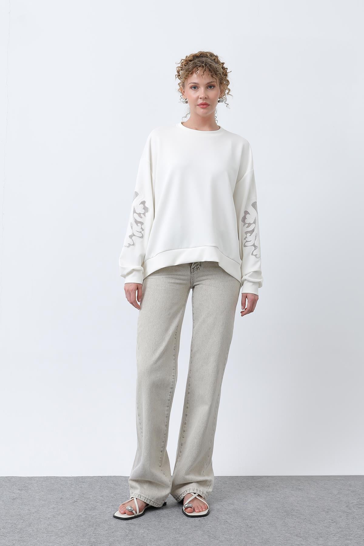 Kadın Kollar File Nakışlı Sweatshirt - ECRU