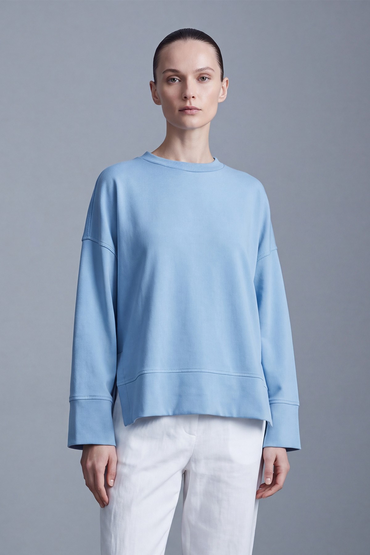 Yırtmaçlı Yuvarlak Yaka Sweatshirt Açık Mavi Bluz Soul 