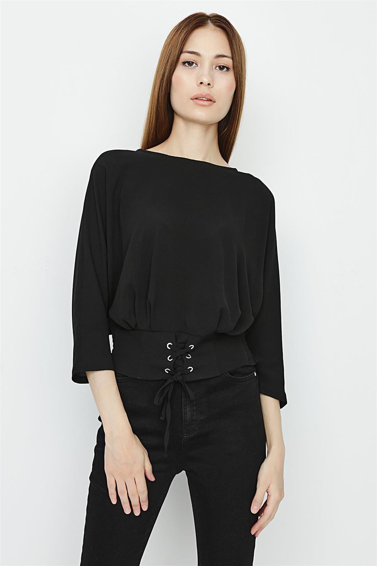 Kadın Bel Detaylı Crop Bluz