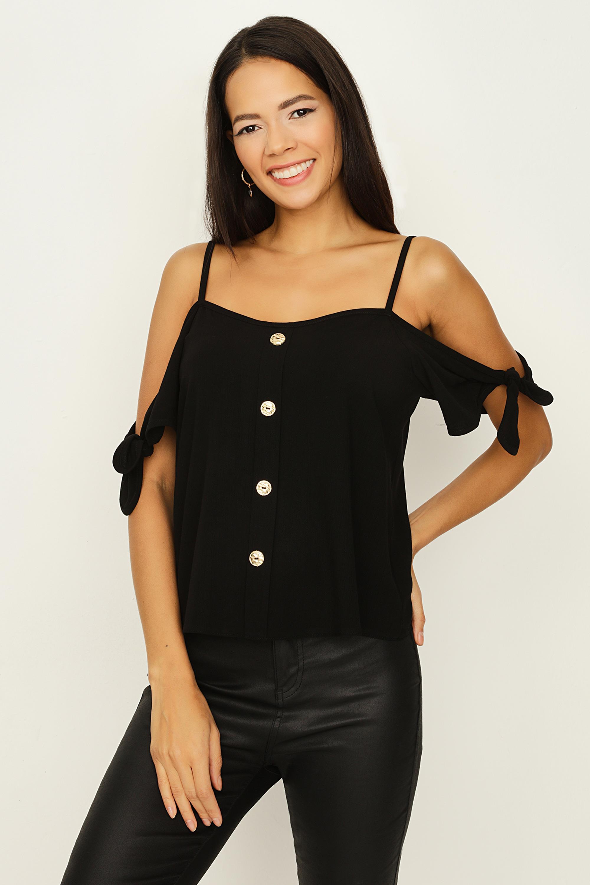 Kadın Choker Yaka Kol Detaylı Bluz