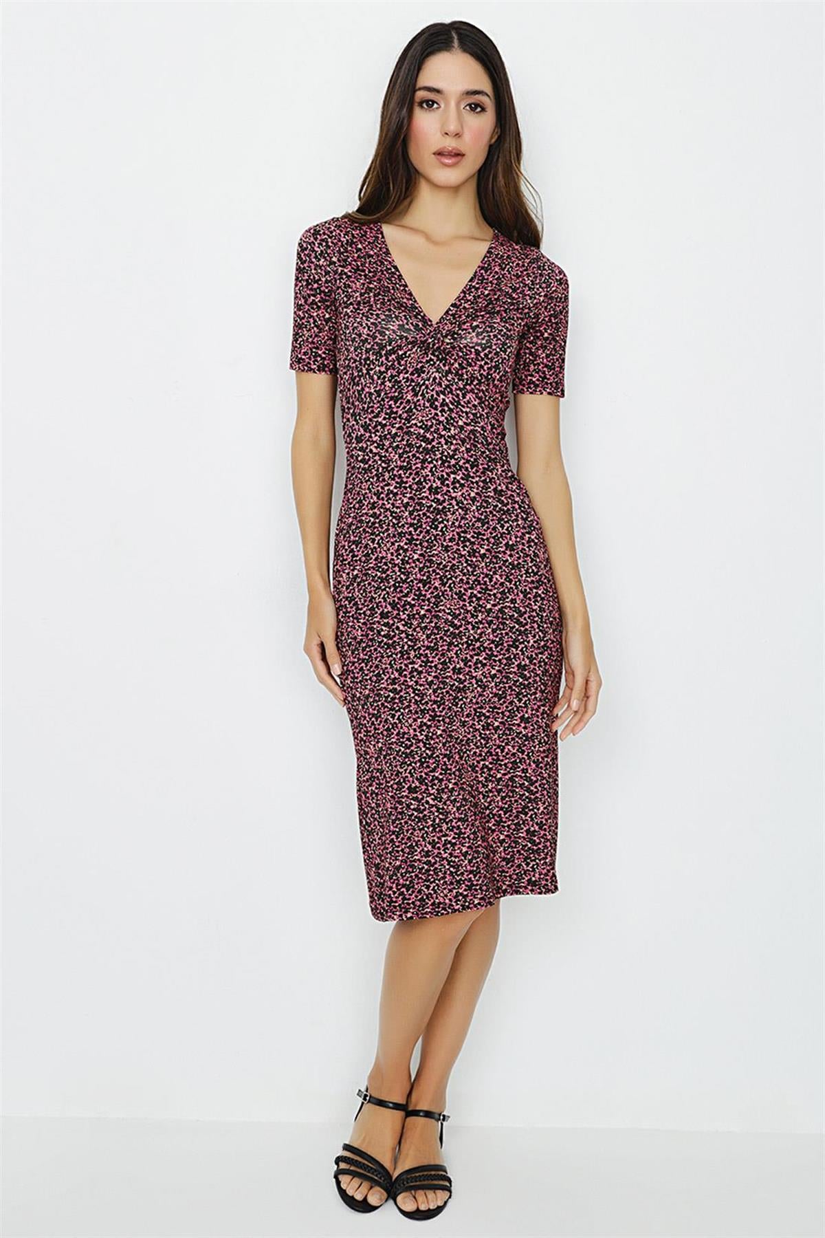 Kadın Desenli V Yaka Örme Midi Elbise