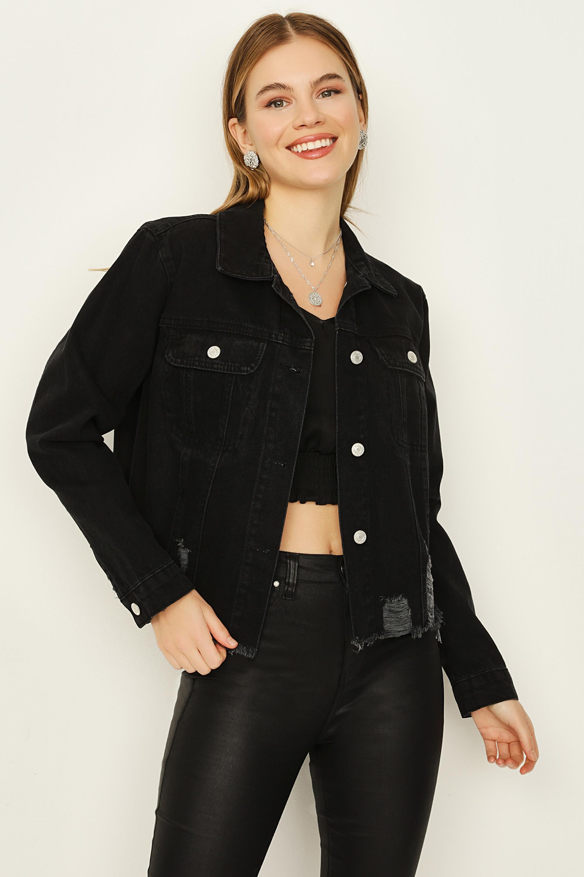 Kadın Düğmeli Etek Ucu Püsküllü Crop Denim Ceket