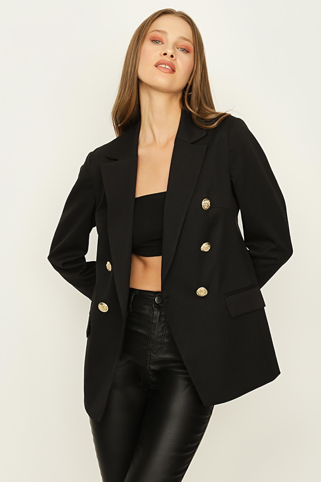 Kadın Gold Düğme Kapamalı Astarlı Blazer Ceket