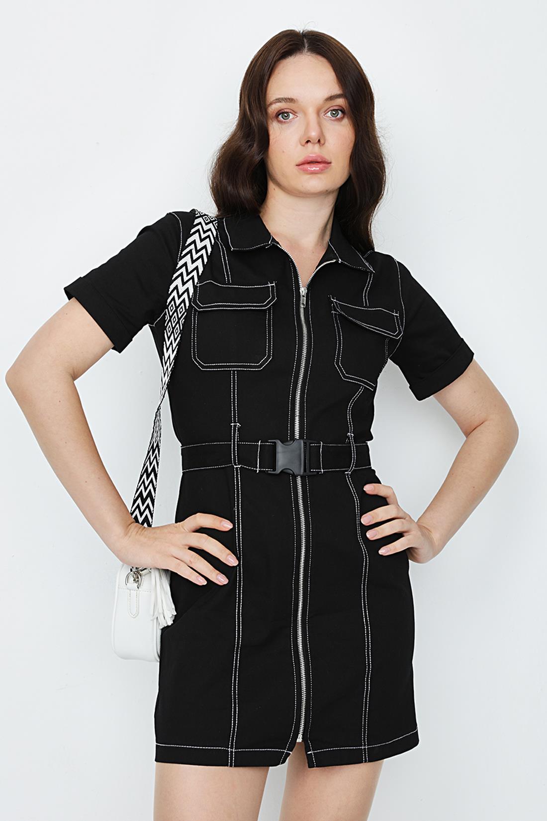 Kadın Kontrast Dikişli Kemerli Denim Elbise