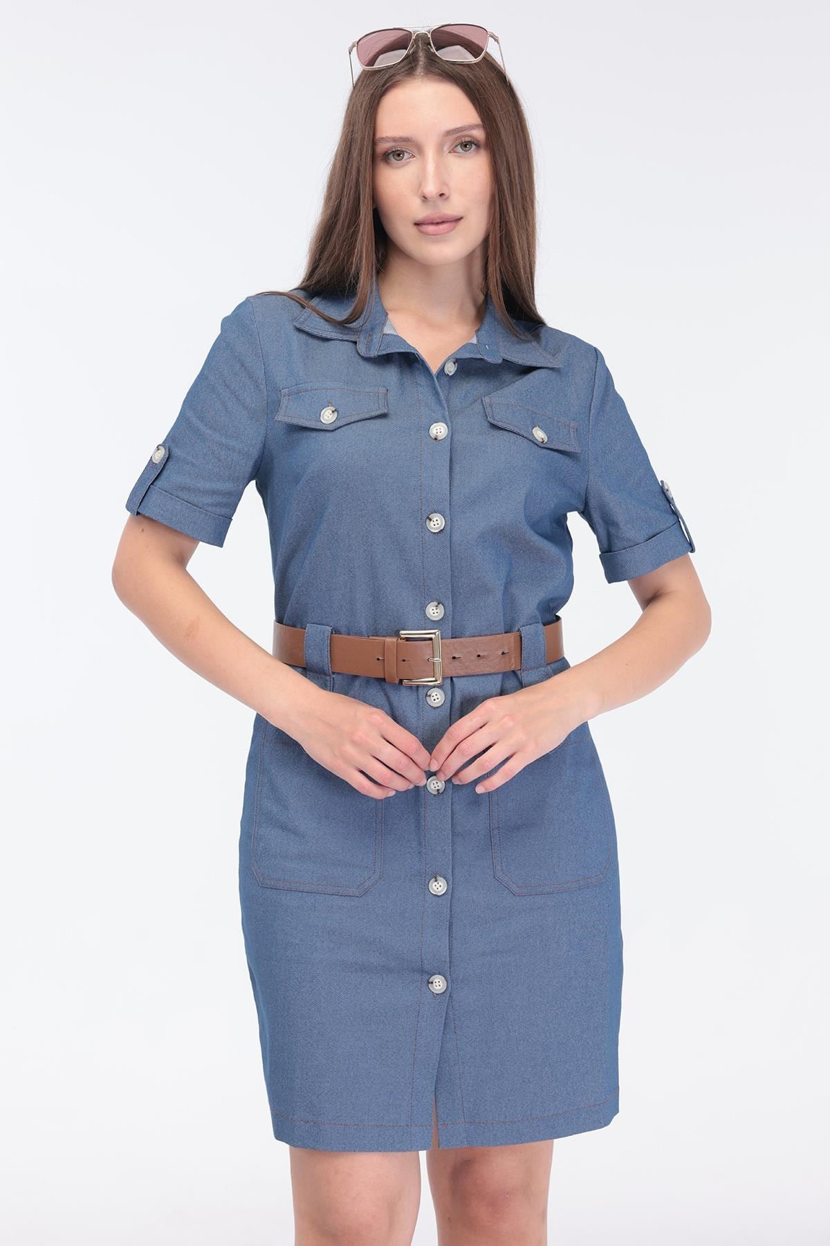 Kadın Mavi Denim Cep Detaylı Kemerli Midi Boy Elbise