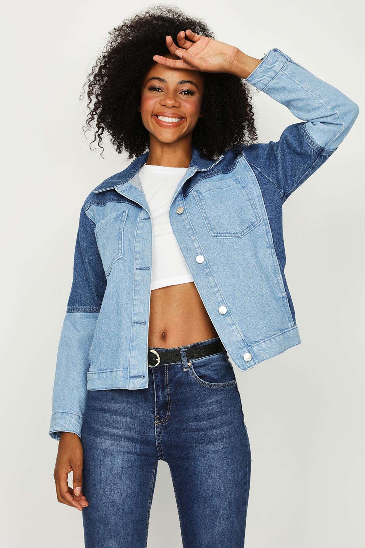 Kadın Renk Bloklu Denim Ceket