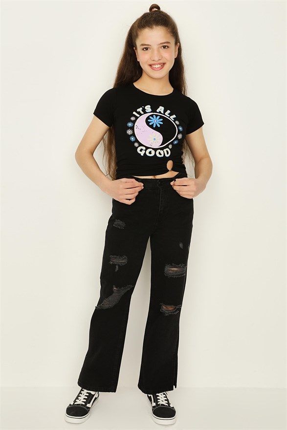Kız Çocuk Yırtık Detaylı Geniş Paça Jeans
