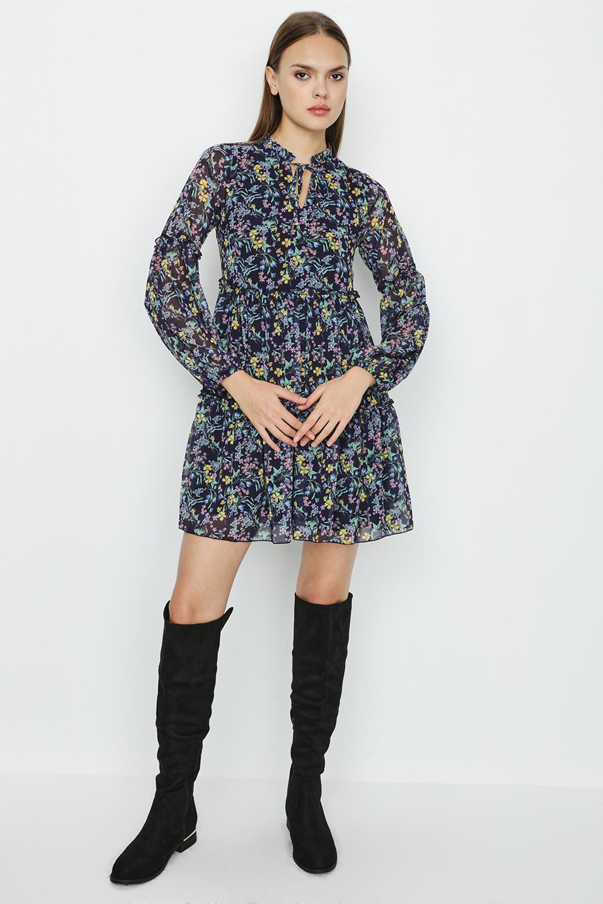 Desenli Şifon Elbise