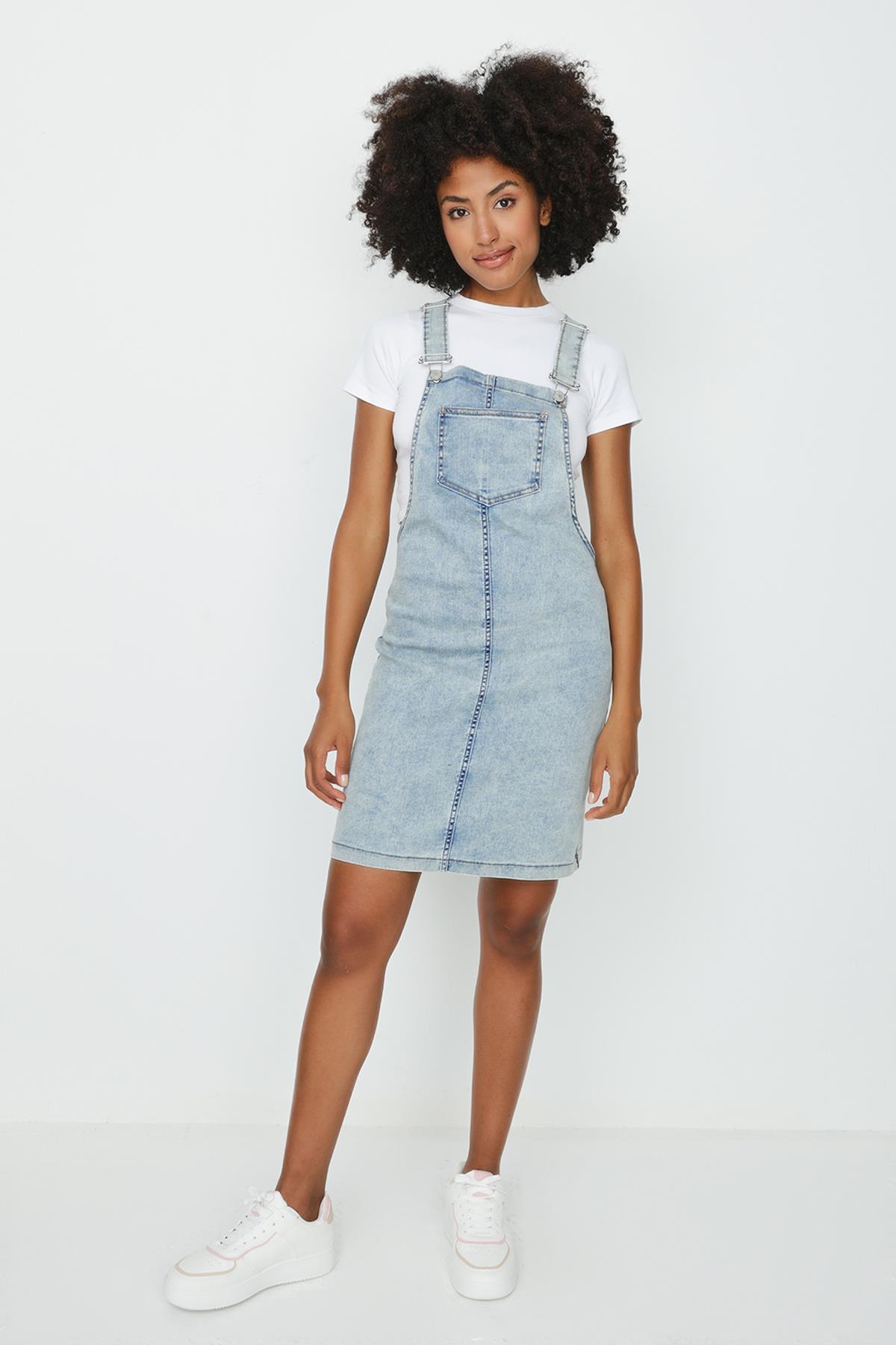 Kadın Askılı Denim Salopet Elbise