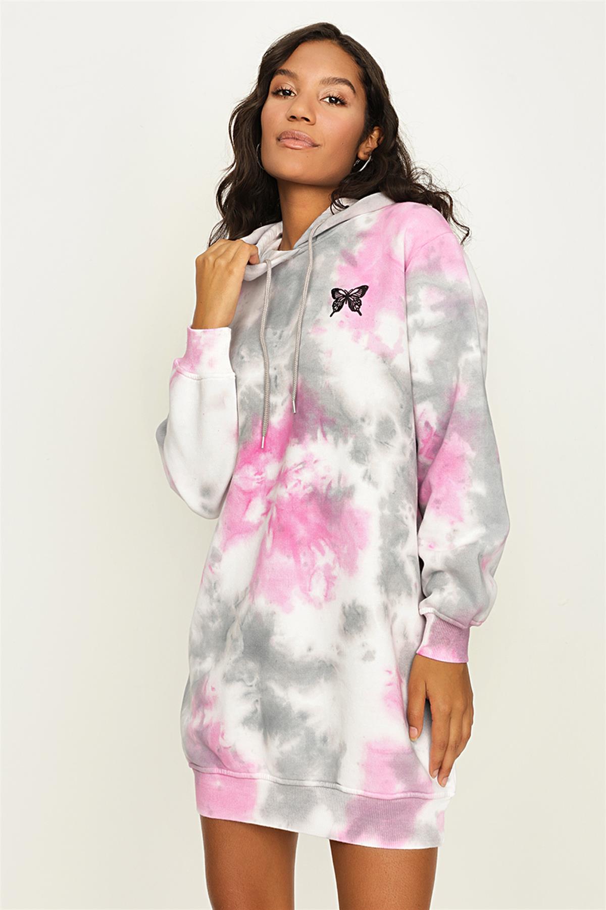 Kadın Batik Desenli Kapüşonlu Sweat Elbise · 9