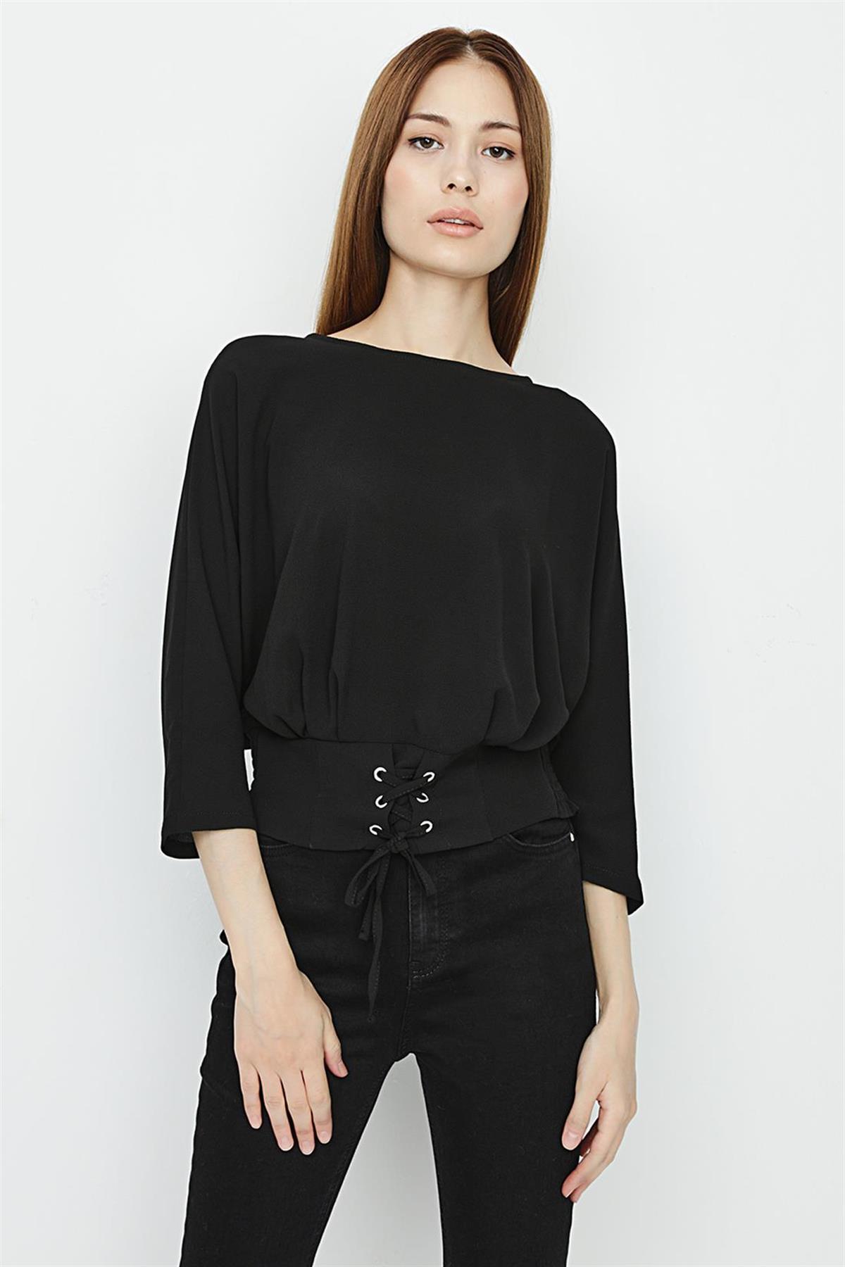Kadın Bel Detaylı Crop Bluz