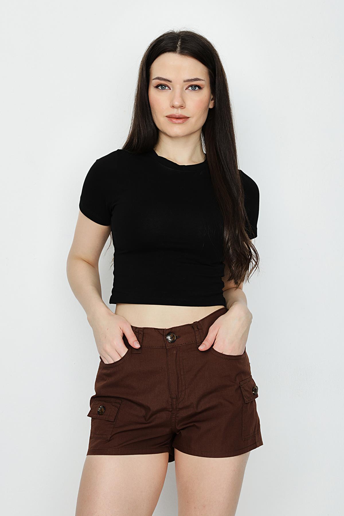 Kadın Beli Lastikli Kargo Mini Şort