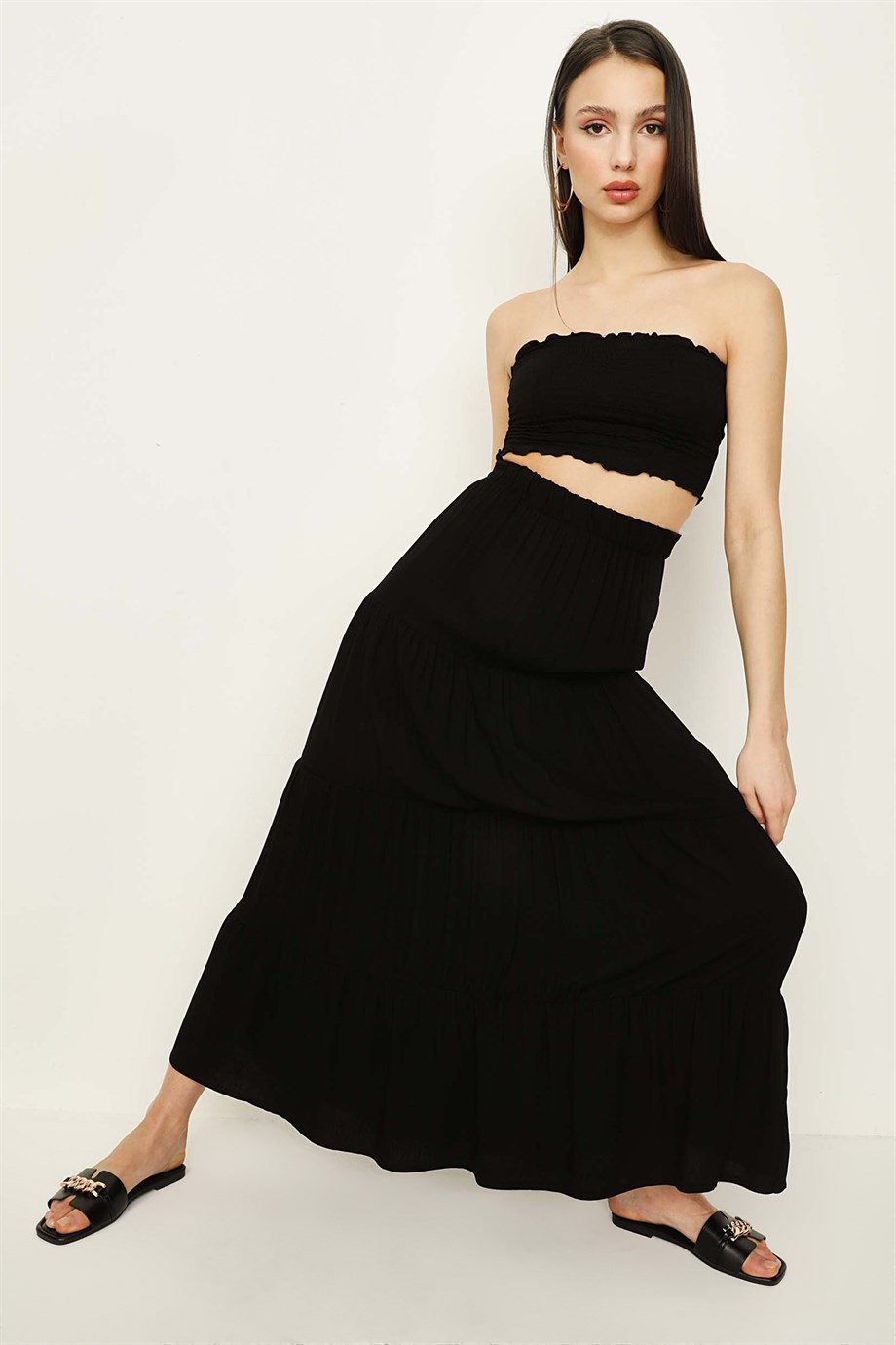 Kadın Beli Lastikli Volanlı Maxi Etek · 38