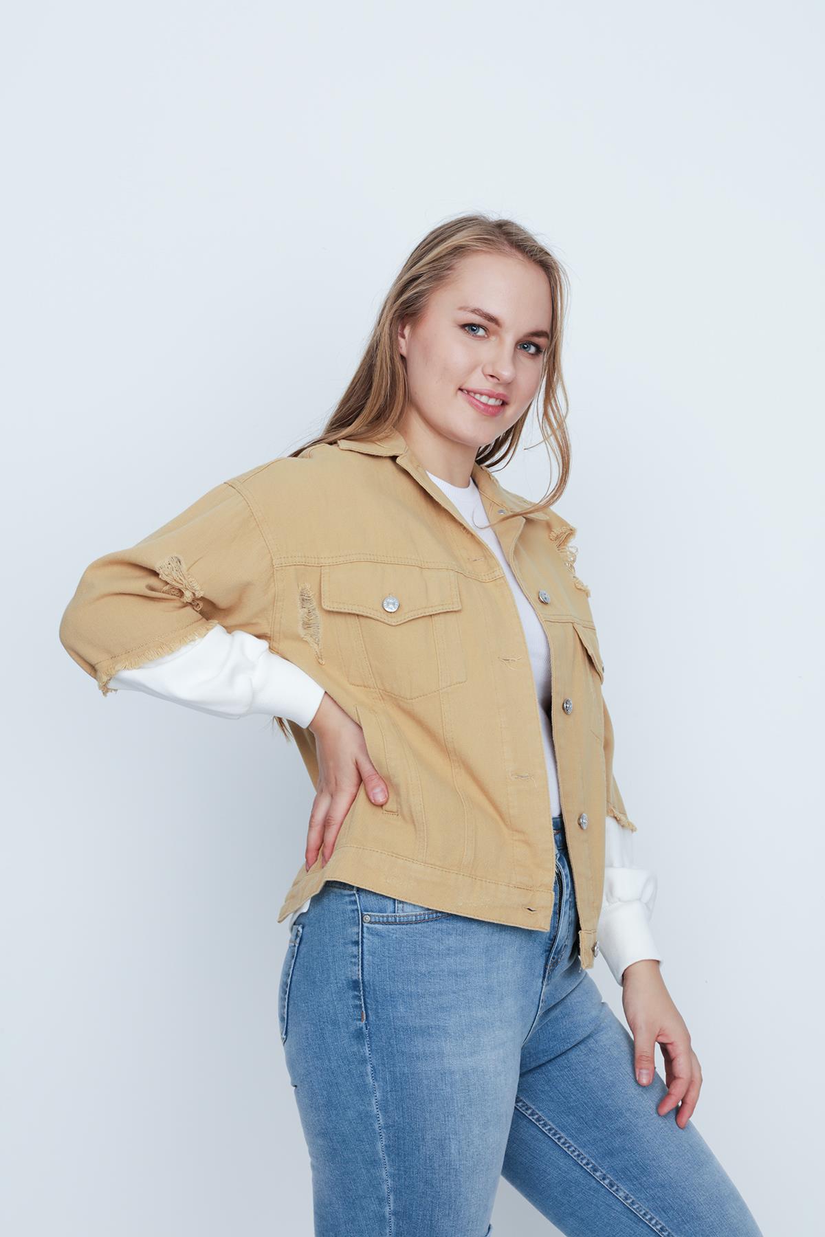 Kadın Camel Yırtık Sırt Detaylı Cepli Denim Ceket