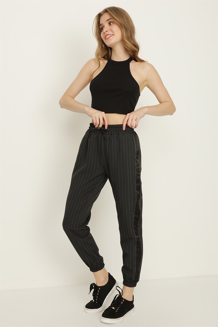 Kadın Çizgili Beli Lastikli Jogger Pantolon · 21