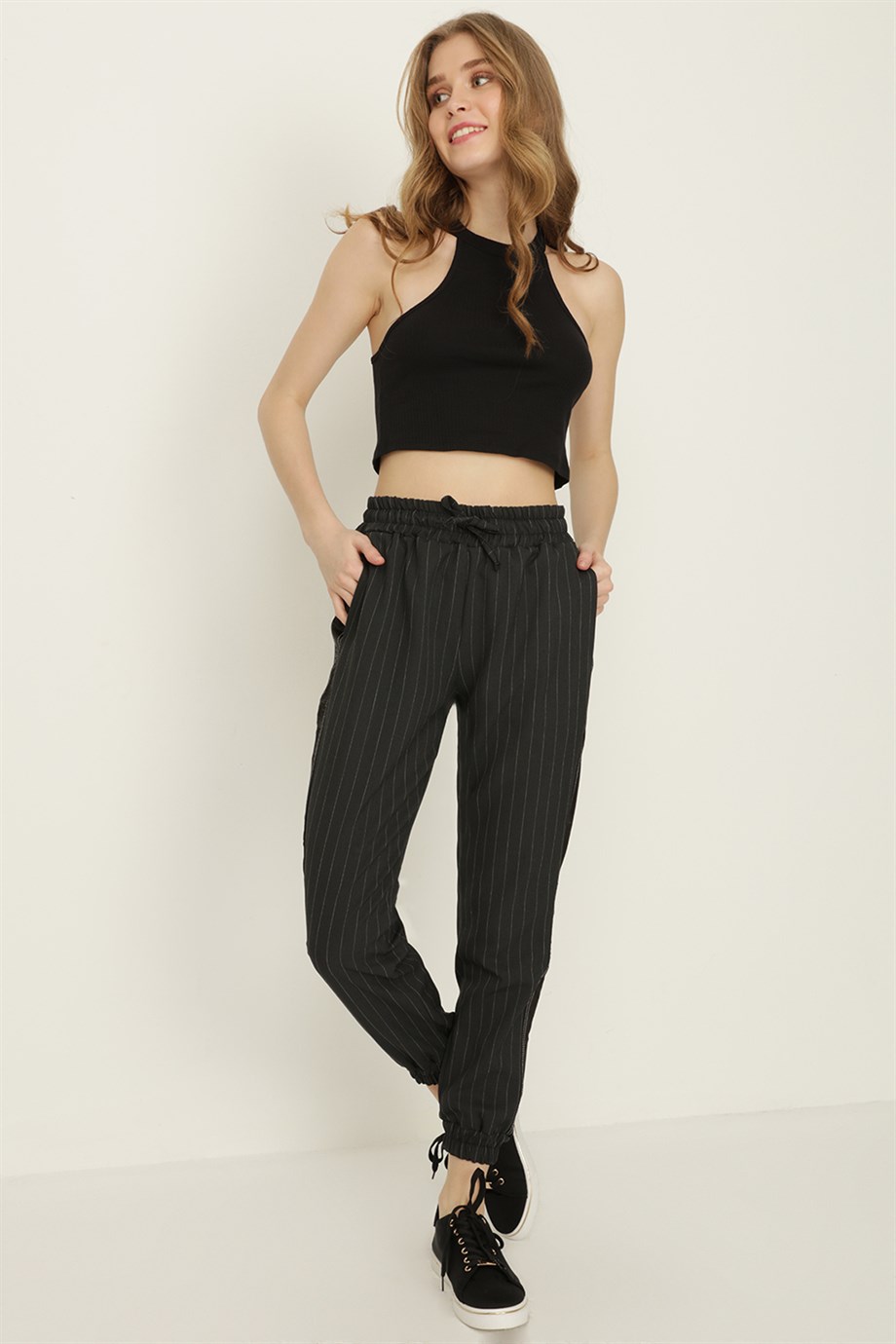 Kadın Çizgili Beli Lastikli Jogger Pantolon · 36