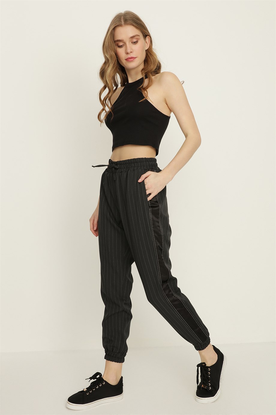 Kadın Çizgili Beli Lastikli Jogger Pantolon · 41