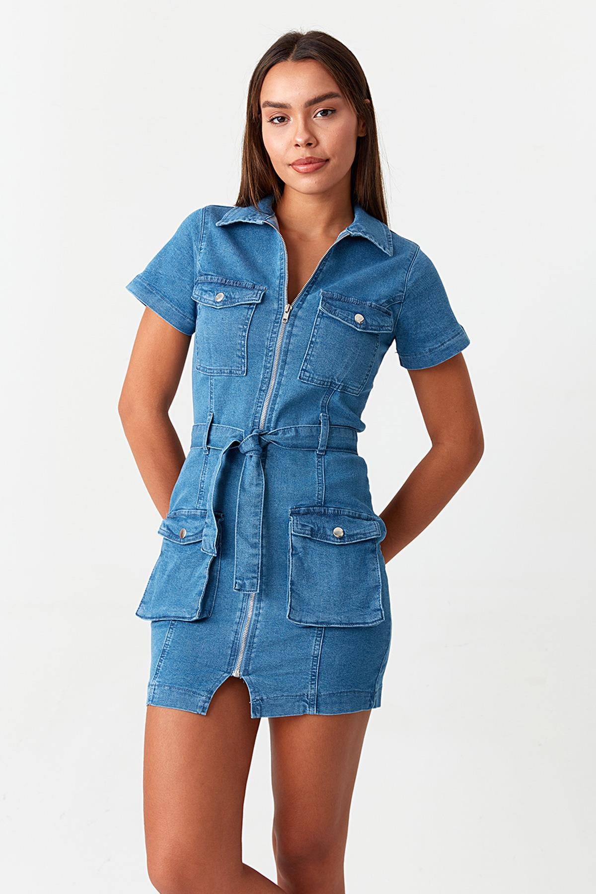 Kadın Denim Beli Kuşaklı Elbise