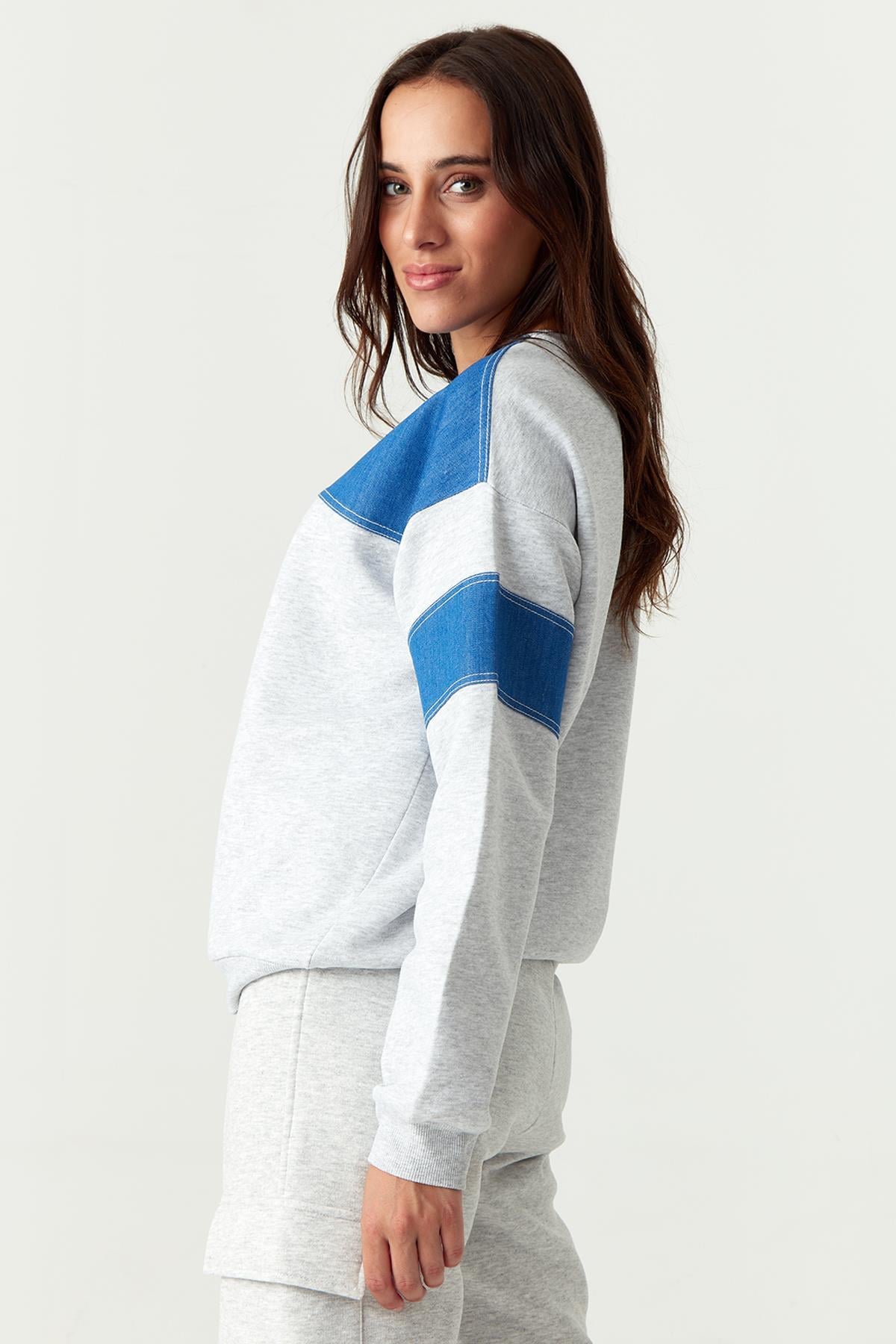 Kadın Denim Bloklu Oversize Sweatshirt