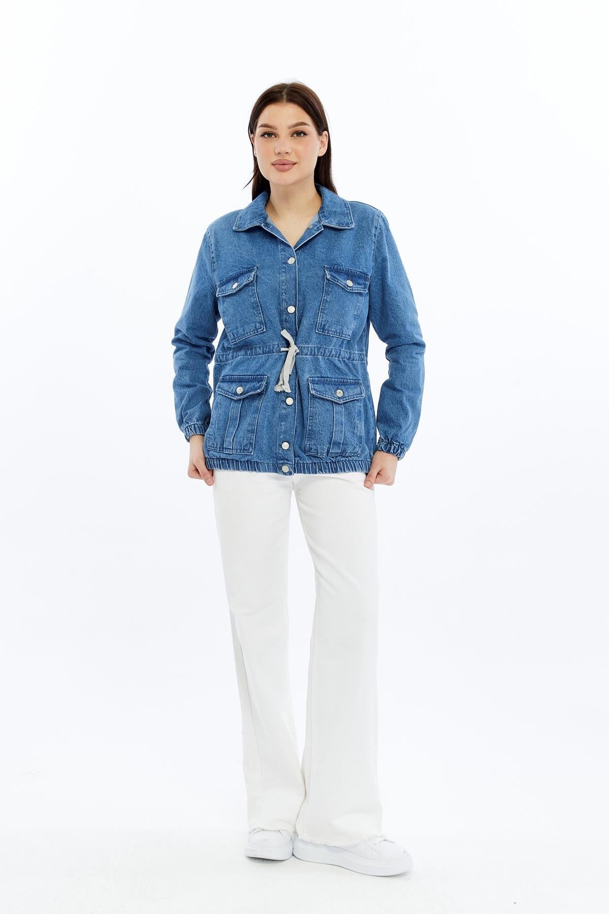 Kadın Denim Cepli Kot Ceket Mont